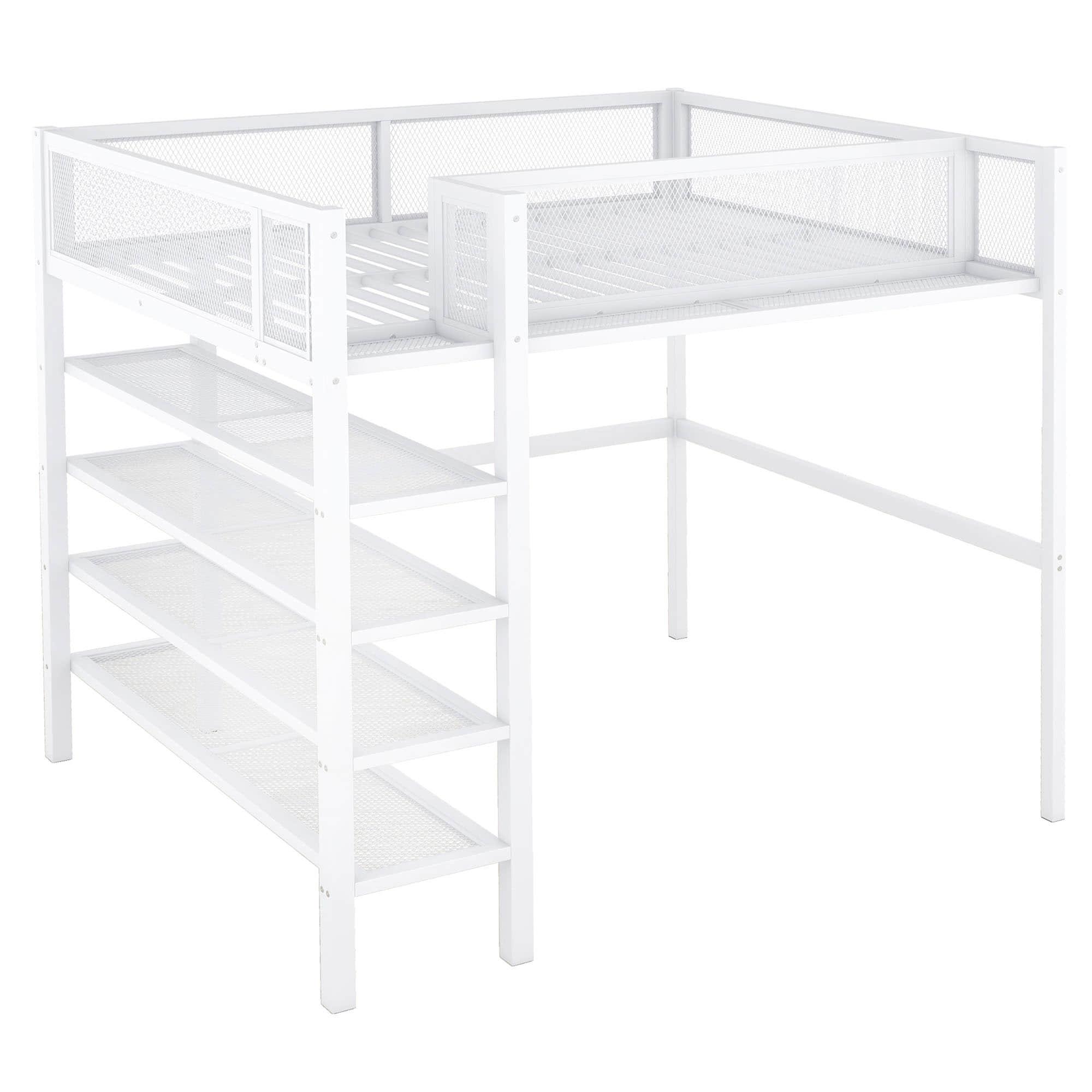 Modern Metal Full Size Loft Bed with Storage Shelves for Adult, Junior