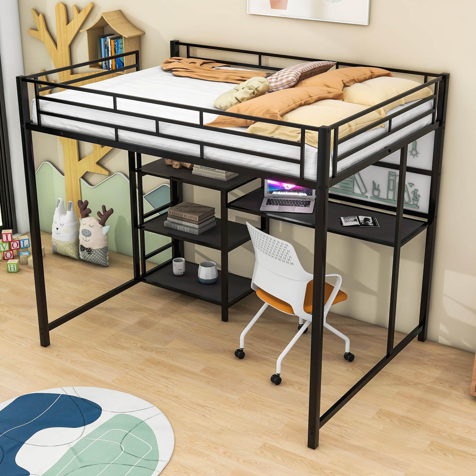 Full Size Metal Loft Bed with Desk and Storage Shelves for Adults, Kids