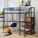 Twin Size Metal Loft Bed with Desk and Stairs, Storage Wardrobe