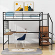 Full Size Metal Loft Bed with Desk and Stairs, Storage Wardrobe