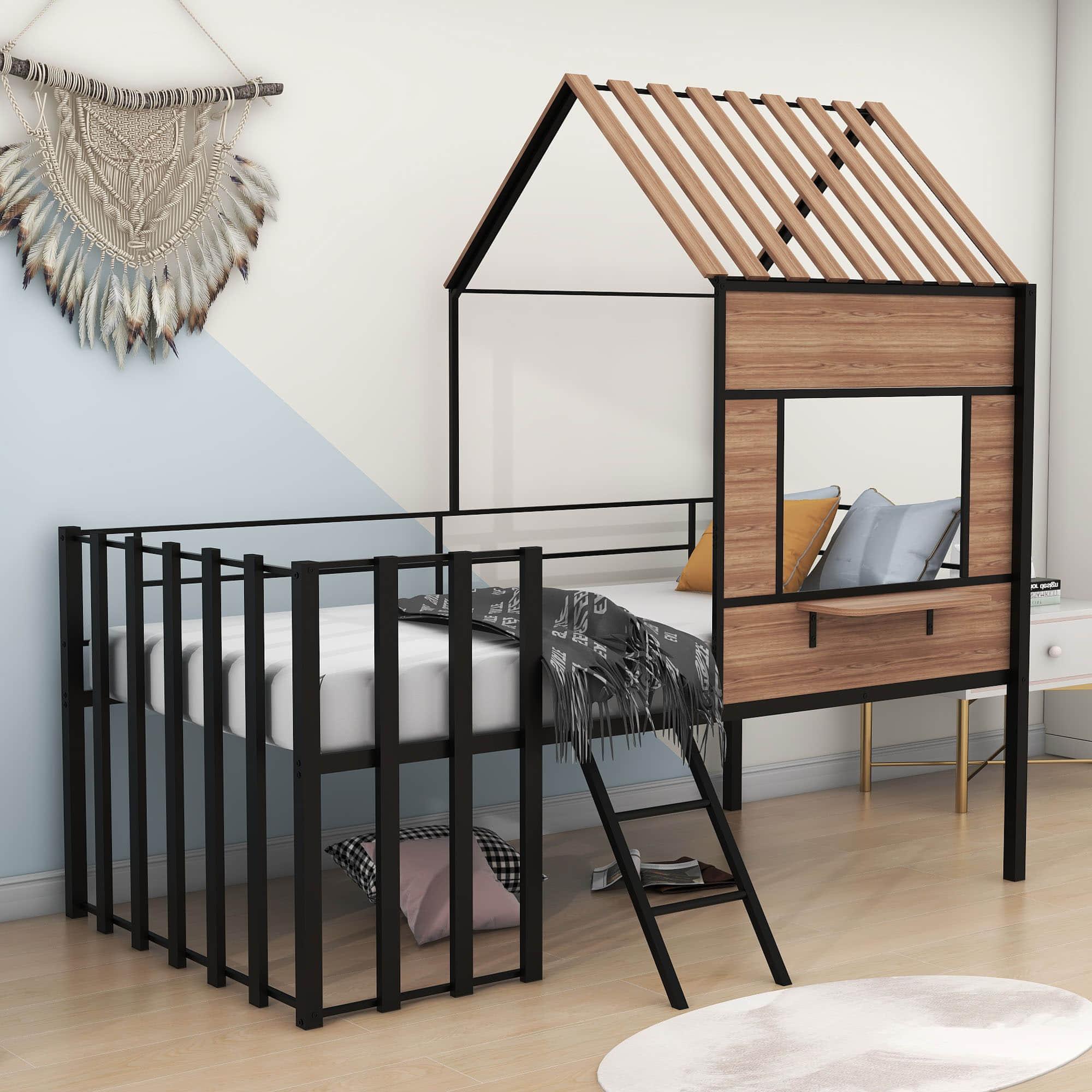 Kids Metal Low Twin Tree House Loft Bed with Window, Roof