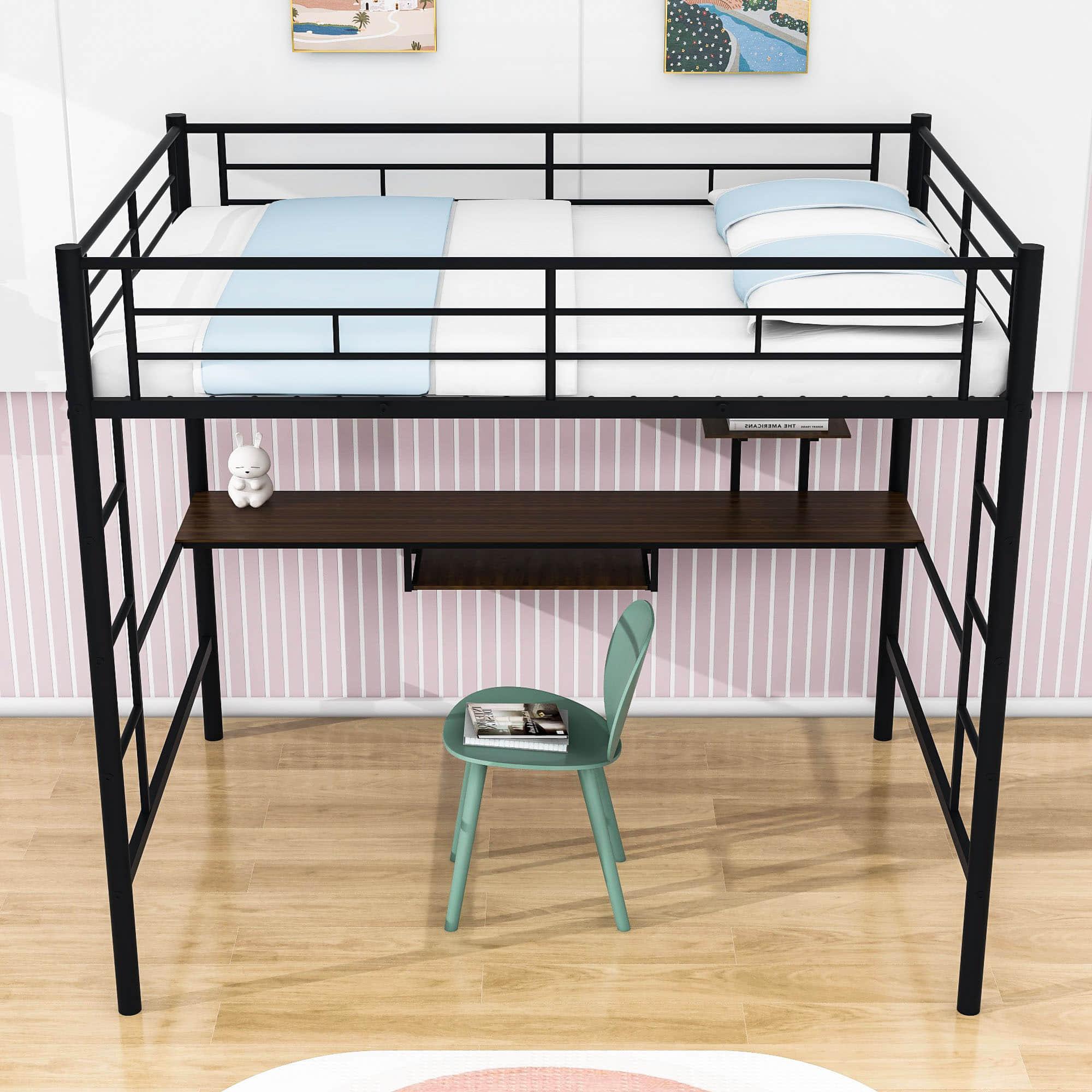 Metal Full Size Gaming Loft Bed Frame with Desk and Shelves - [2 Ladders]