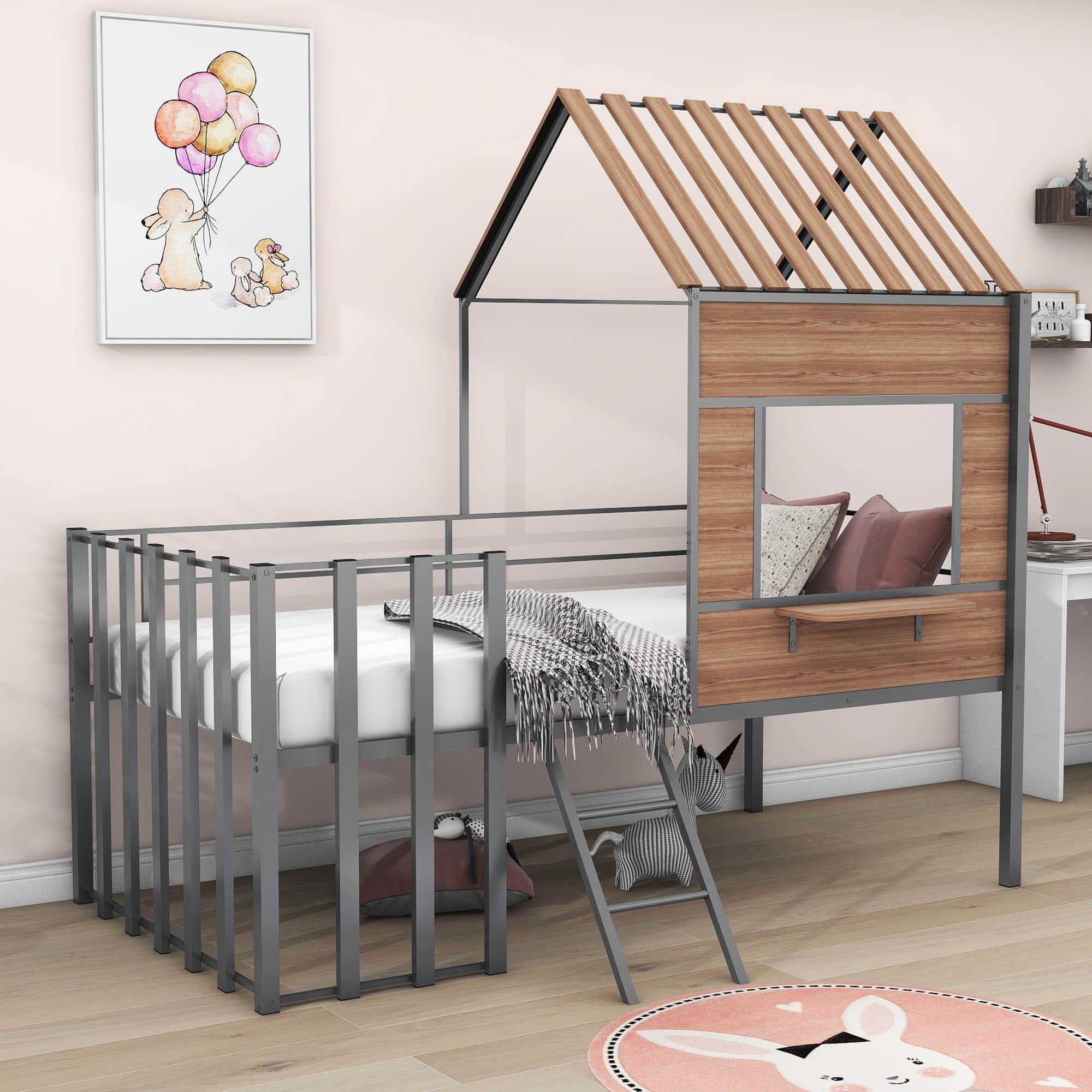 Kids Metal Low Twin Tree House Loft Bed with Window, Roof