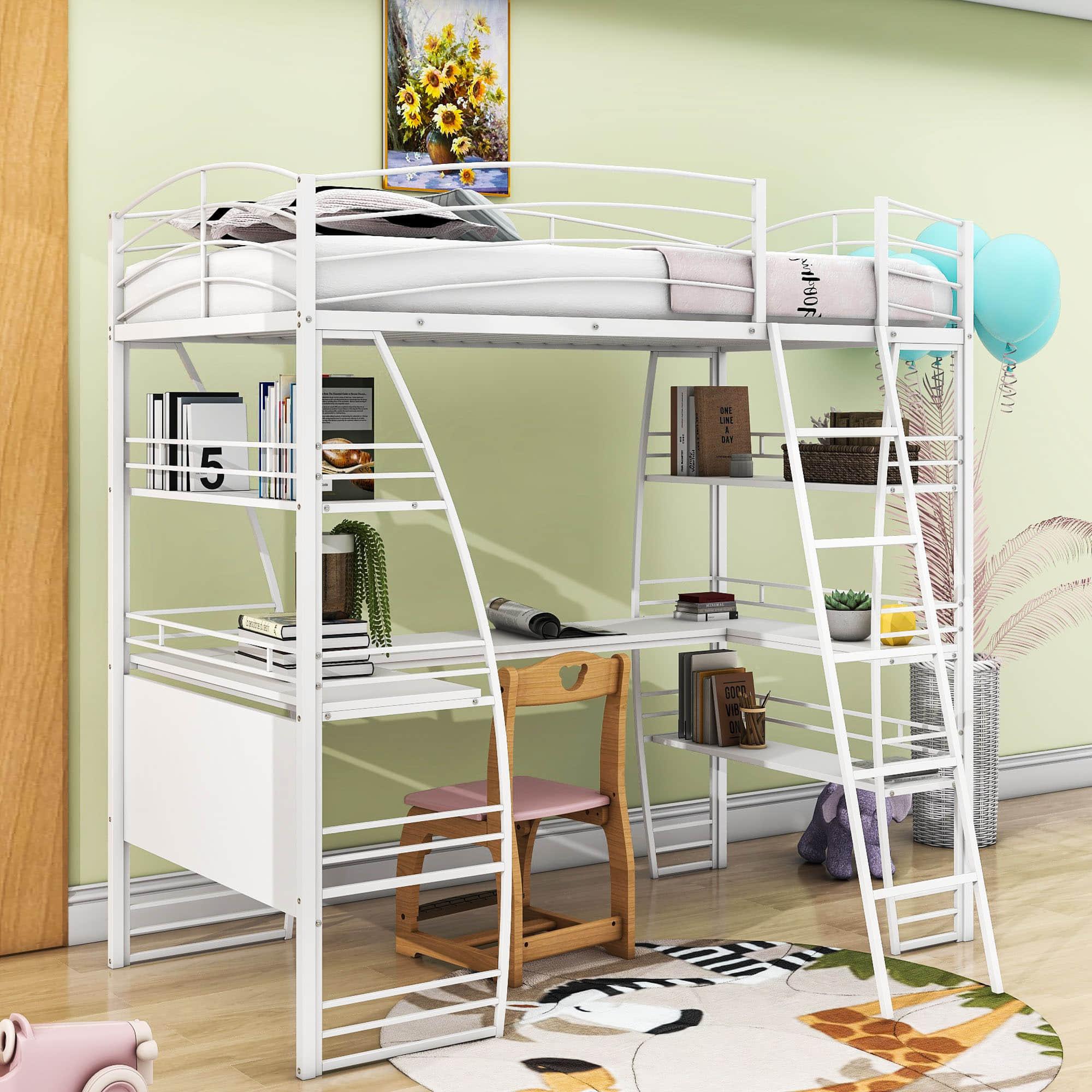 Metal Twin Loft Bed with Desk and Storage Shelves for Adults, Gamer