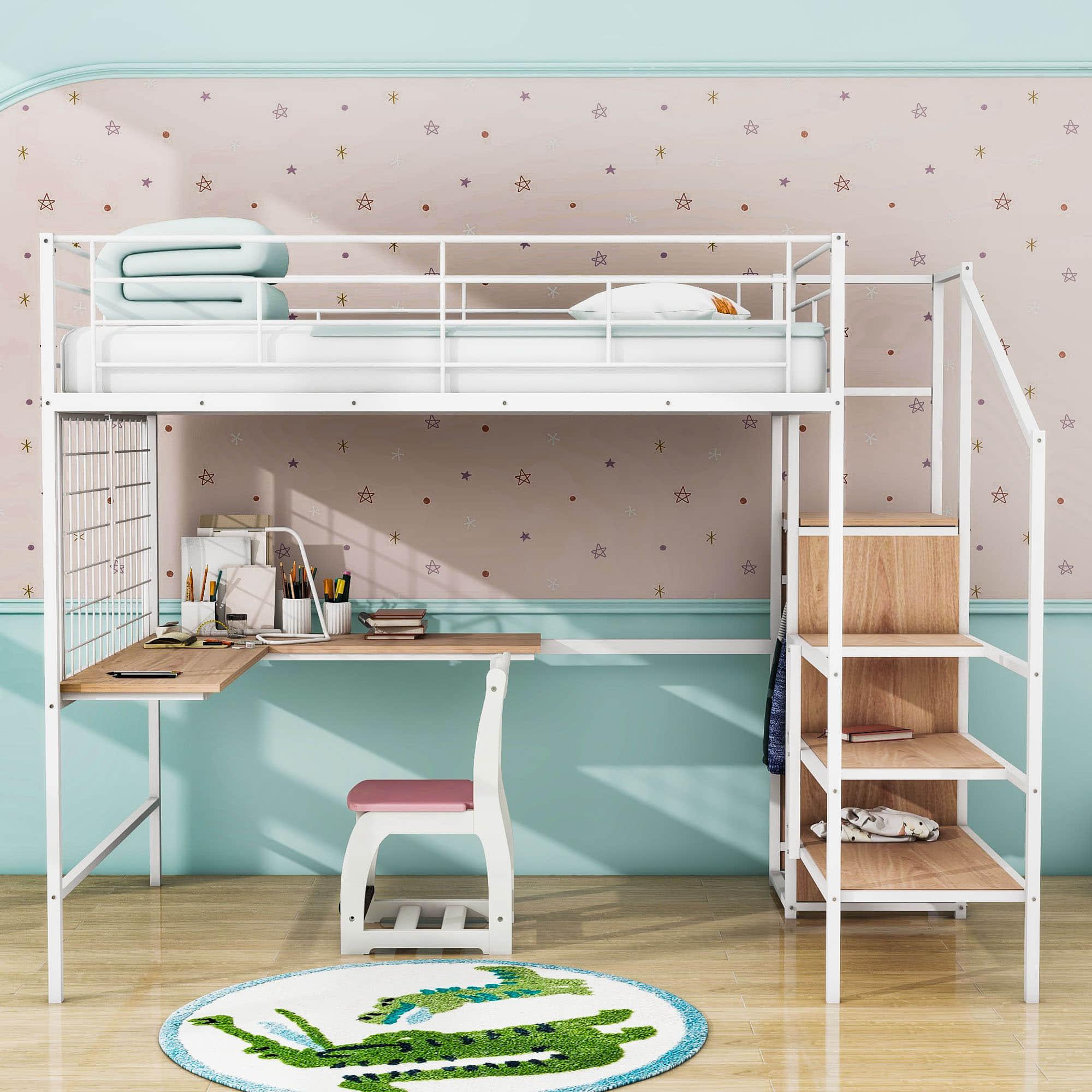 Full Size Metal Loft Bed with Desk and Stairs, Storage Wardrobe