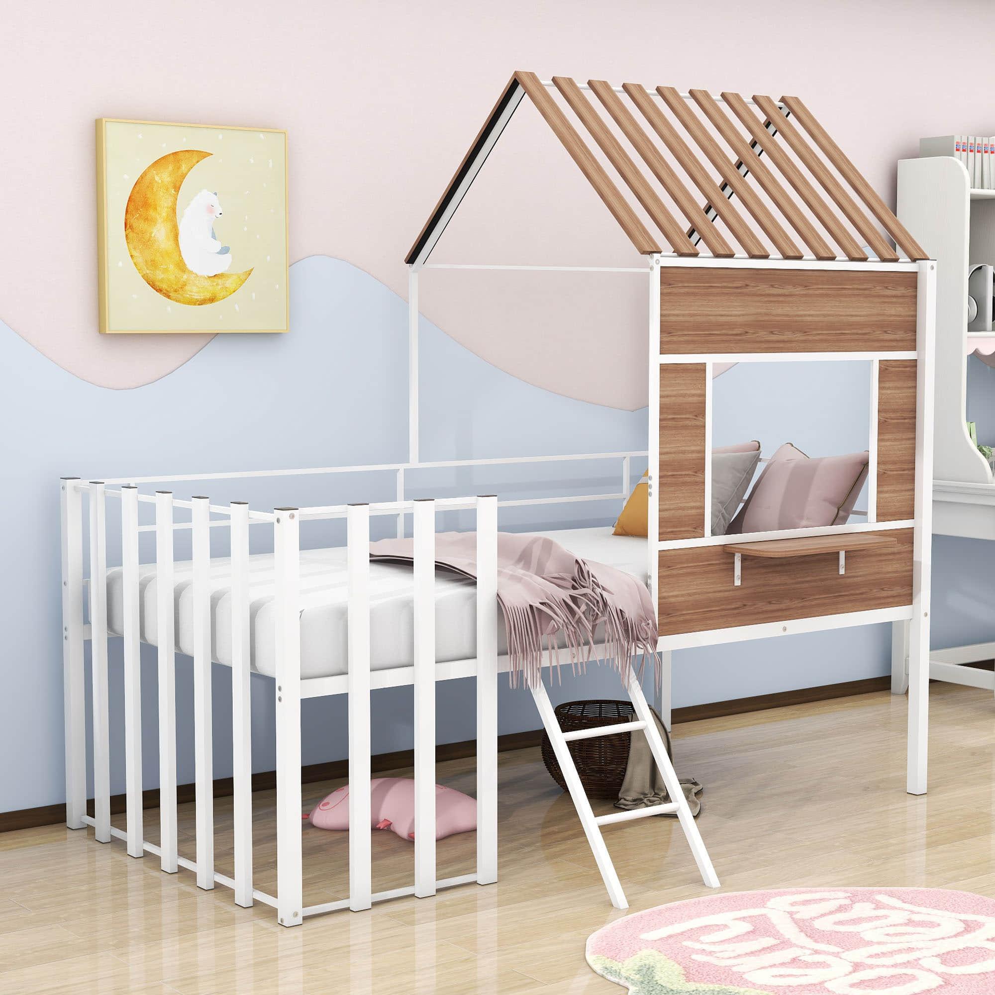 Kids Metal Low Twin Tree House Loft Bed with Window, Roof