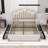 Upholstered Platform Queen Bed Frame with Headboard and LED Lights