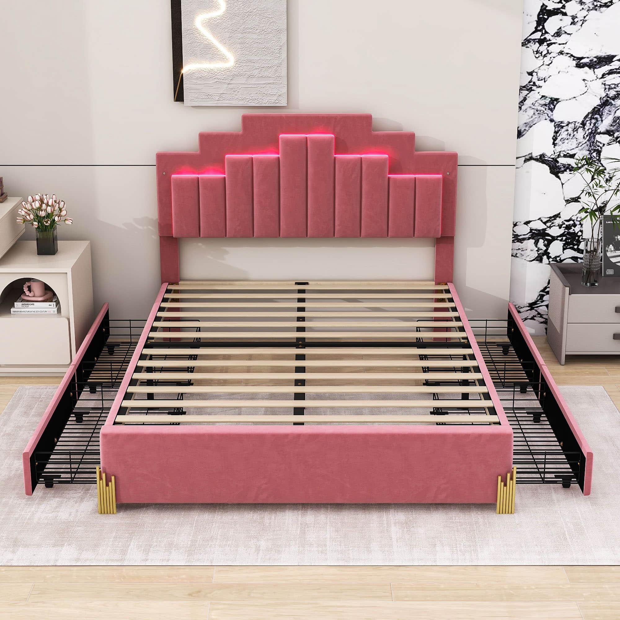 Upholstered Platform Queen Bed Frame with Headboard and LED Lights