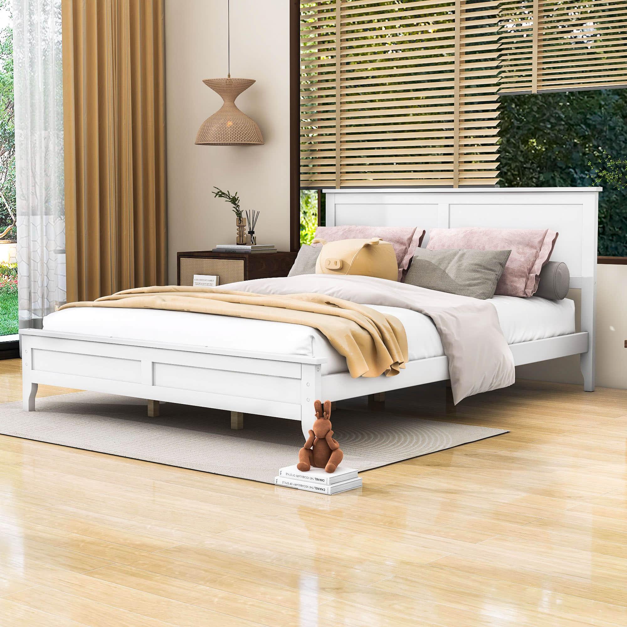 Mid-Century Modern Solid Wood Queen Size Platform Bed with Headboard