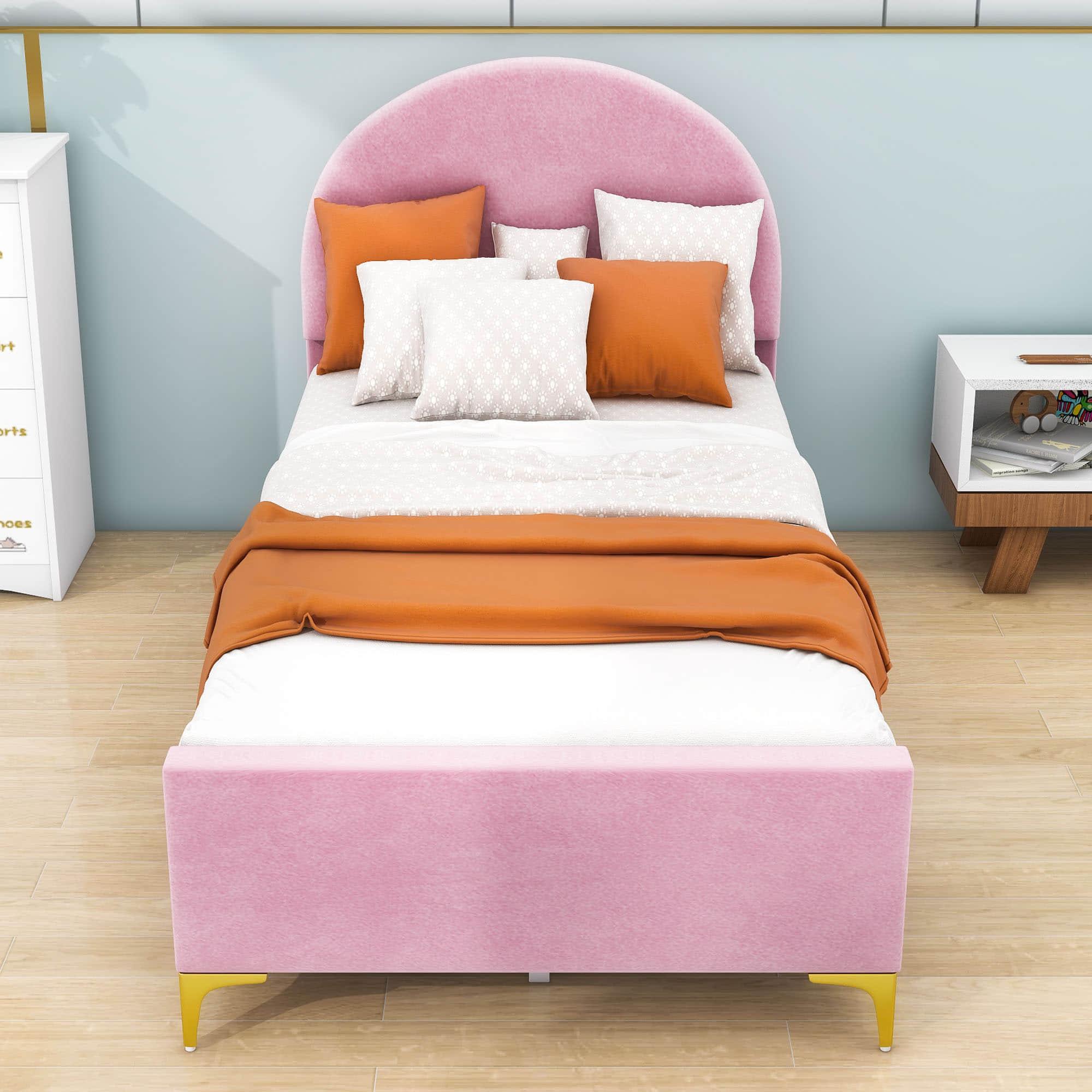 Velvet Upholstered Twin Bed Frame with Headboard for Kids, Adults