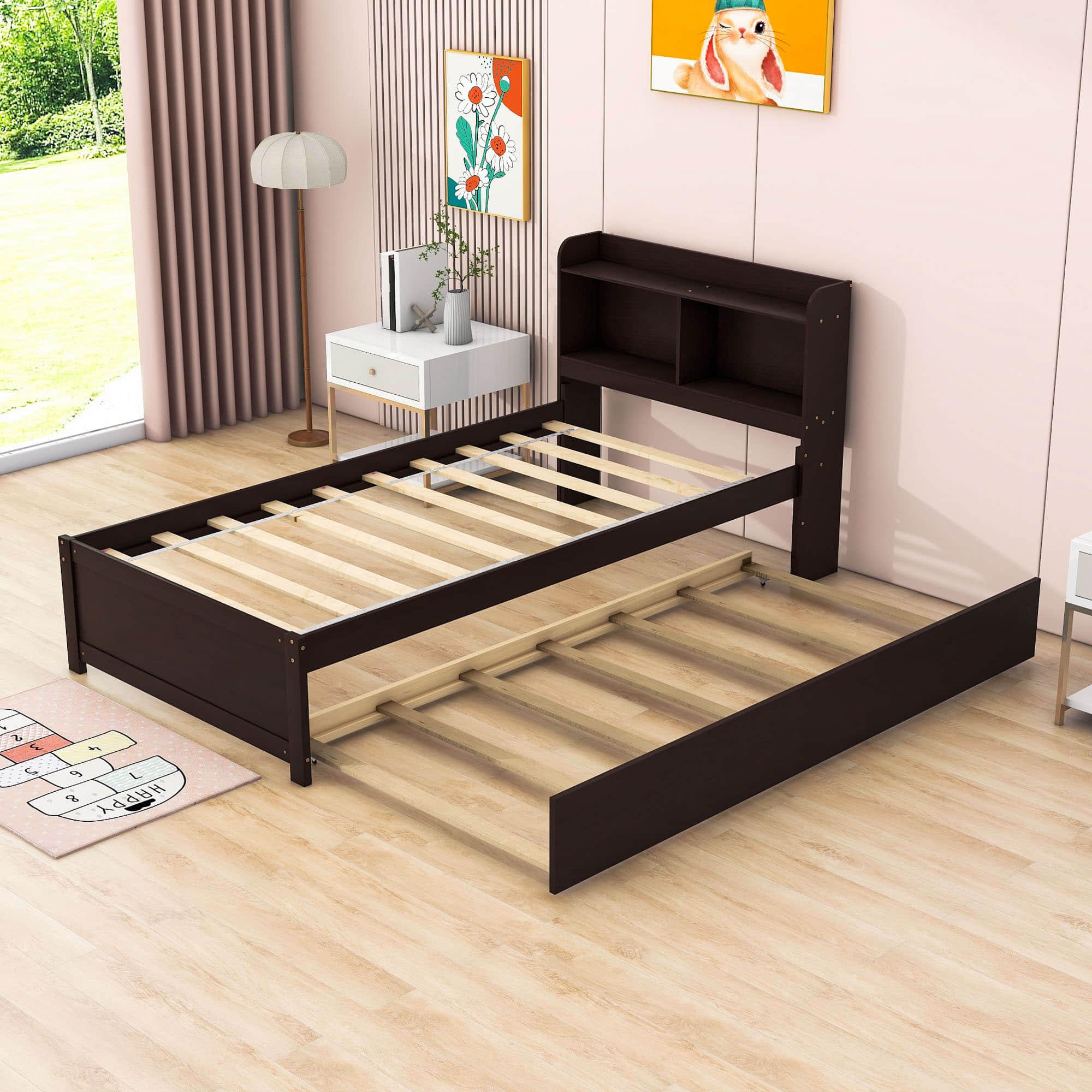 Wooden Twin Platform Bed with Twin Trundle Bed and Storage Headboard - [Shelves]