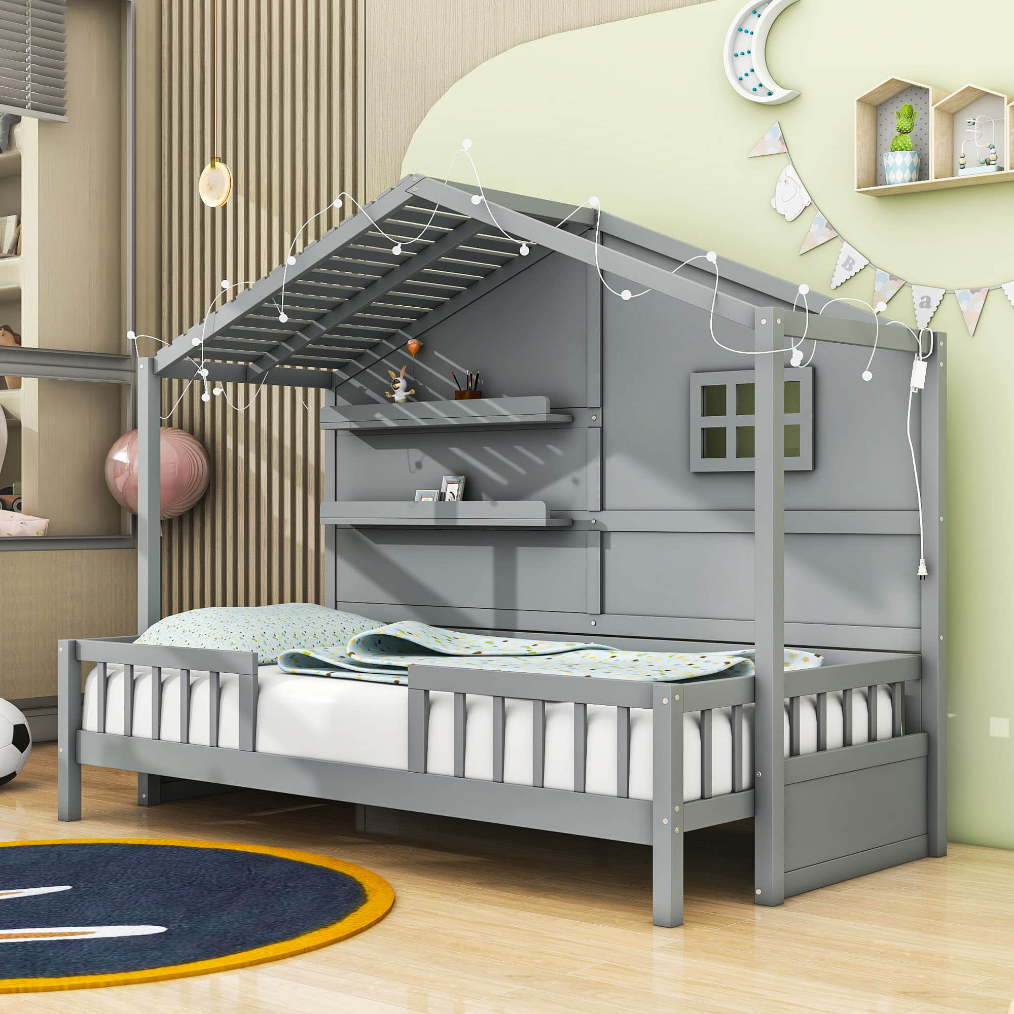 Low Profile Twin House Bed Frame for Kids with Rails and Light Strip