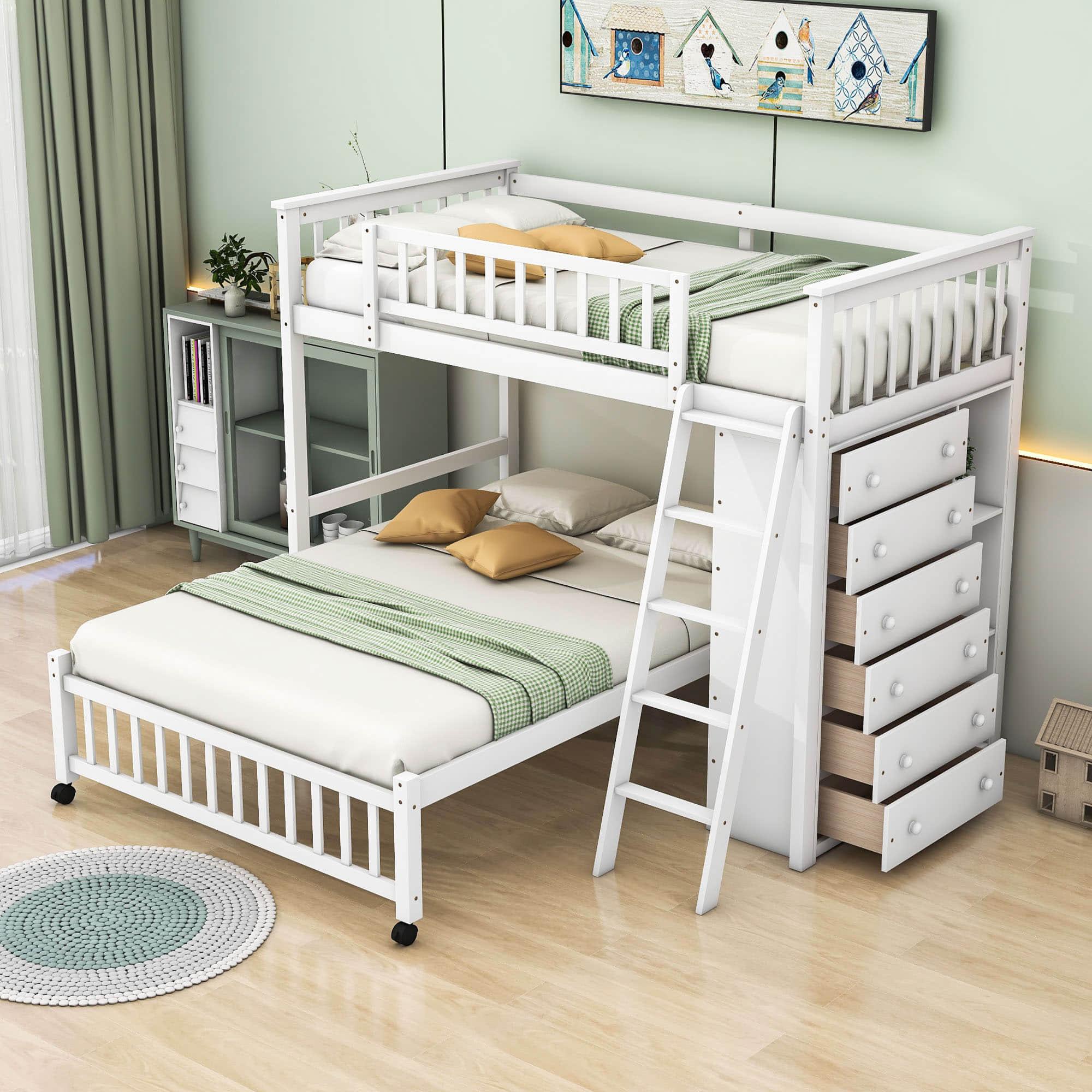 Wooden L-Shaped Twin Over Full Adult Bunk Beds with Storage - [Drawers]