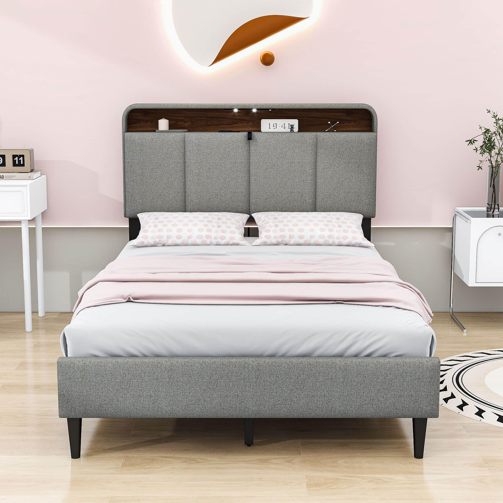 Smart Full Size Platform Upholstered Bed Frame with Storage Headboard