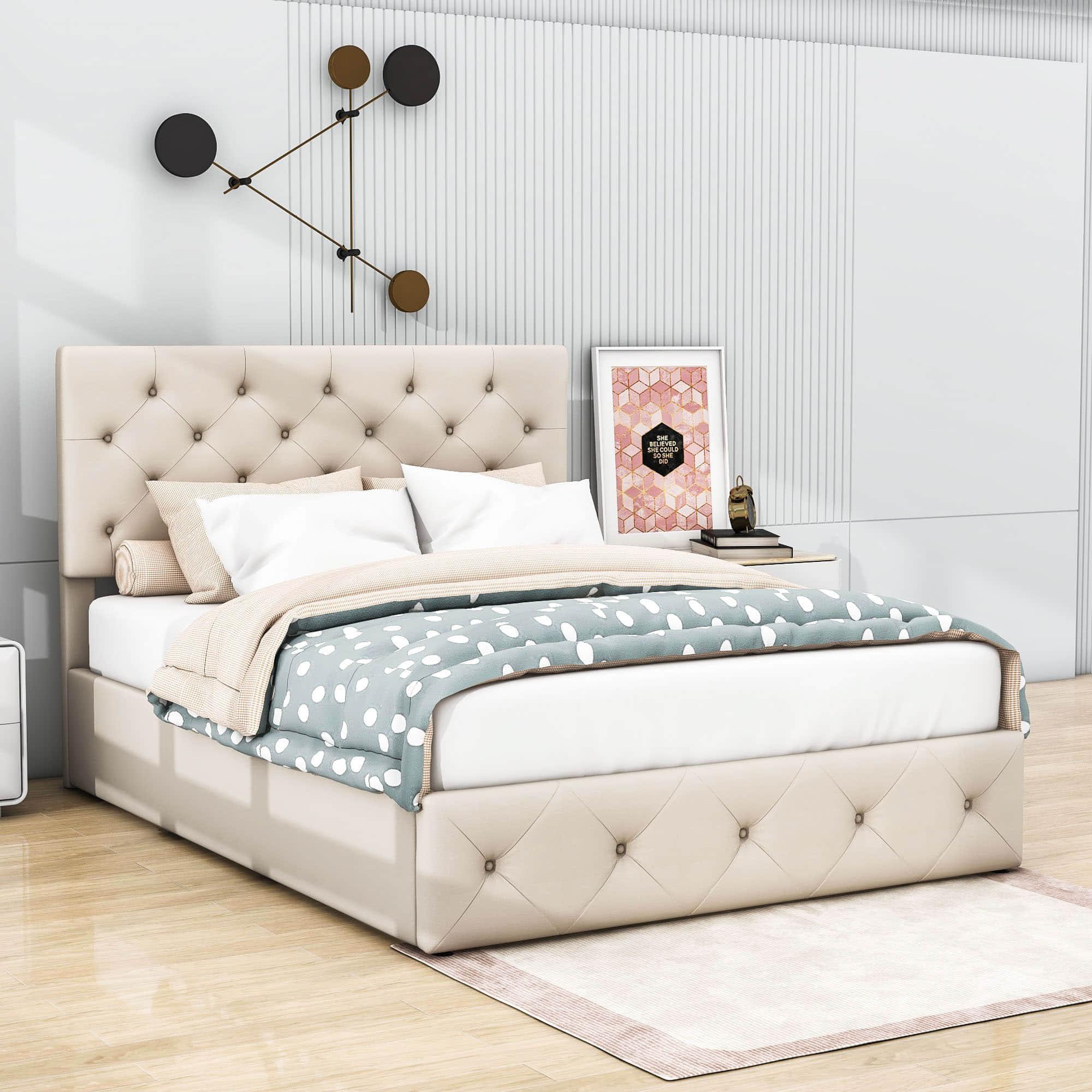 Full Linen Upholstered Platform Bed Frame with Headboard and Storage