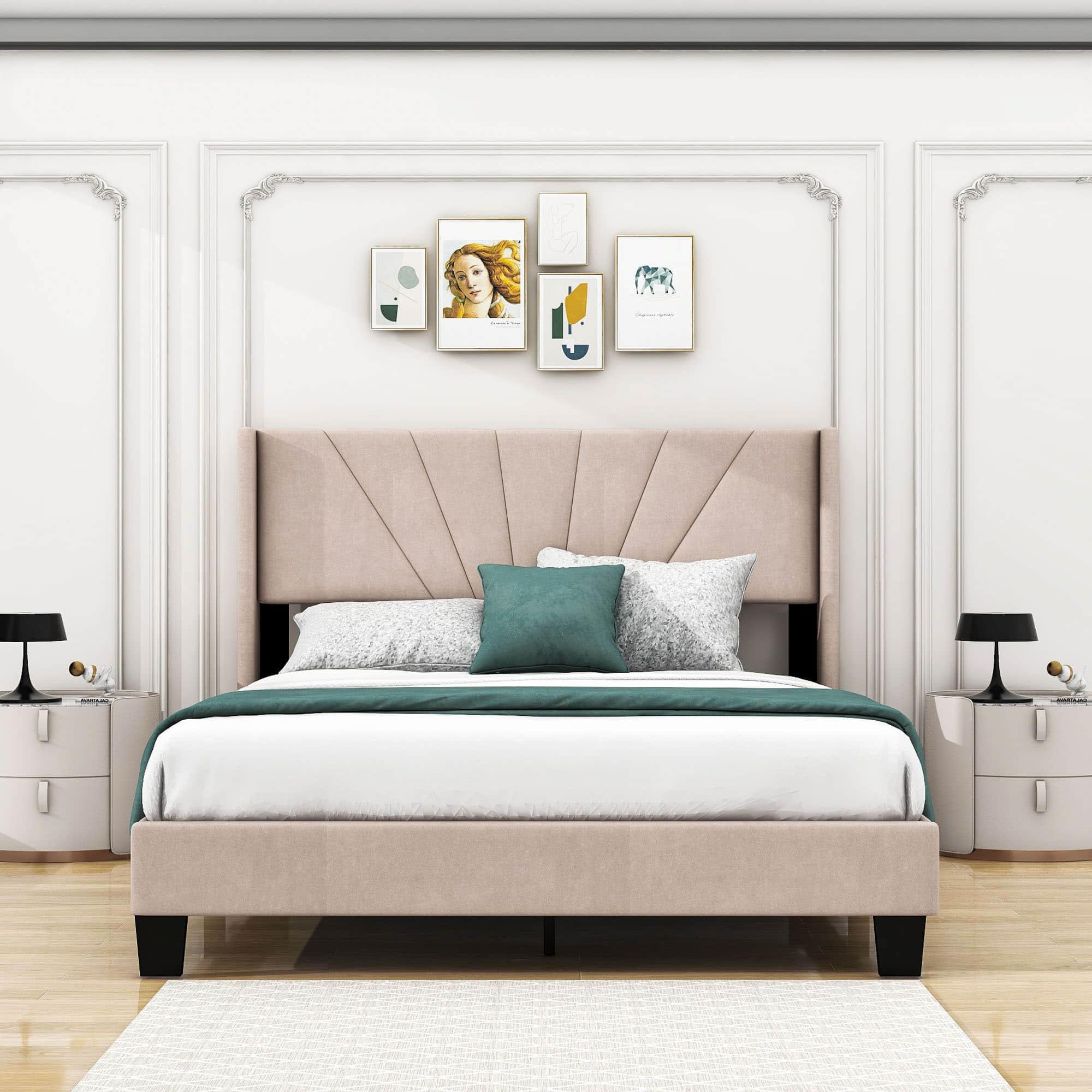 Queen Size Velvet Upholstered Platform Bed Frame with Headboard