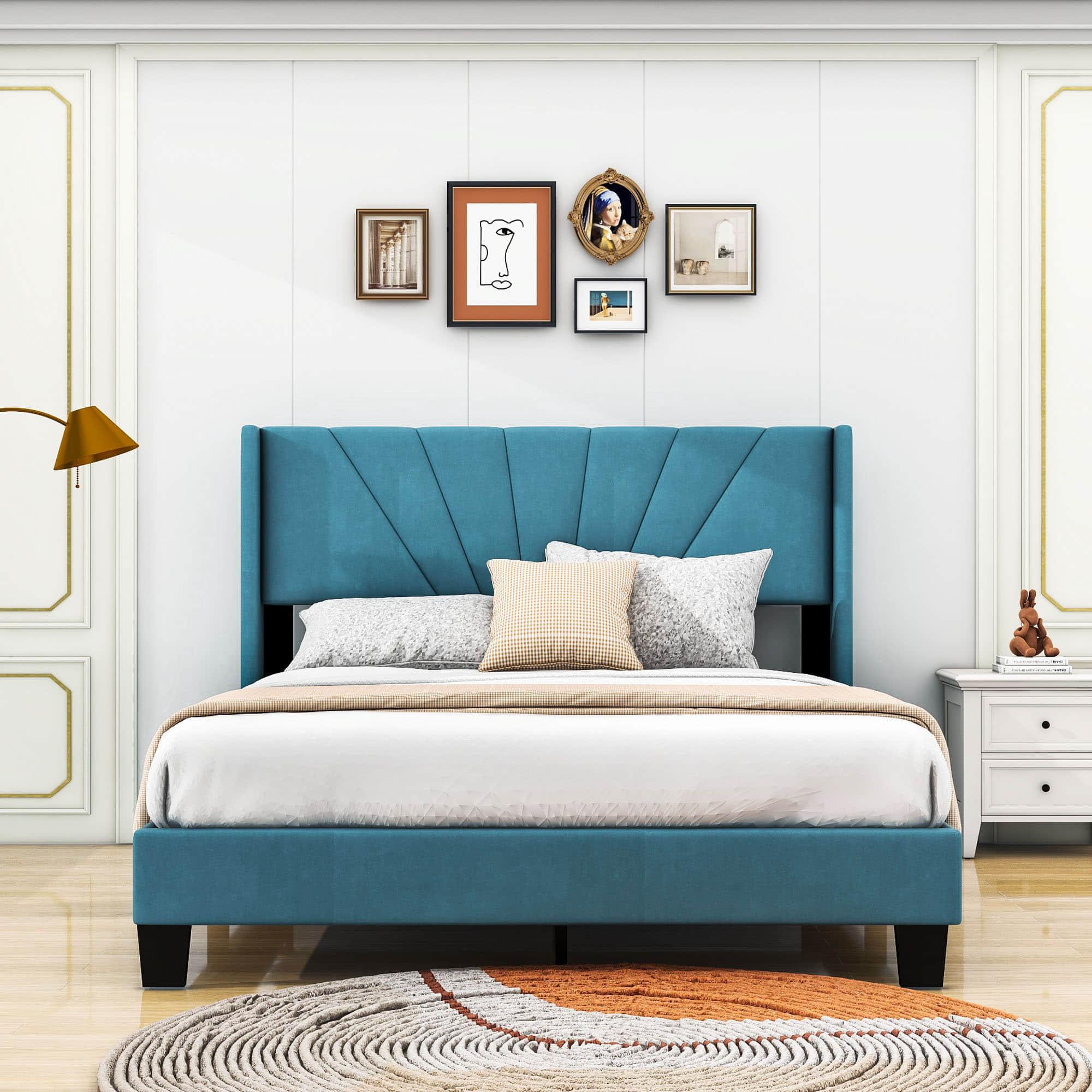 Queen Size Velvet Upholstered Platform Bed Frame with Headboard