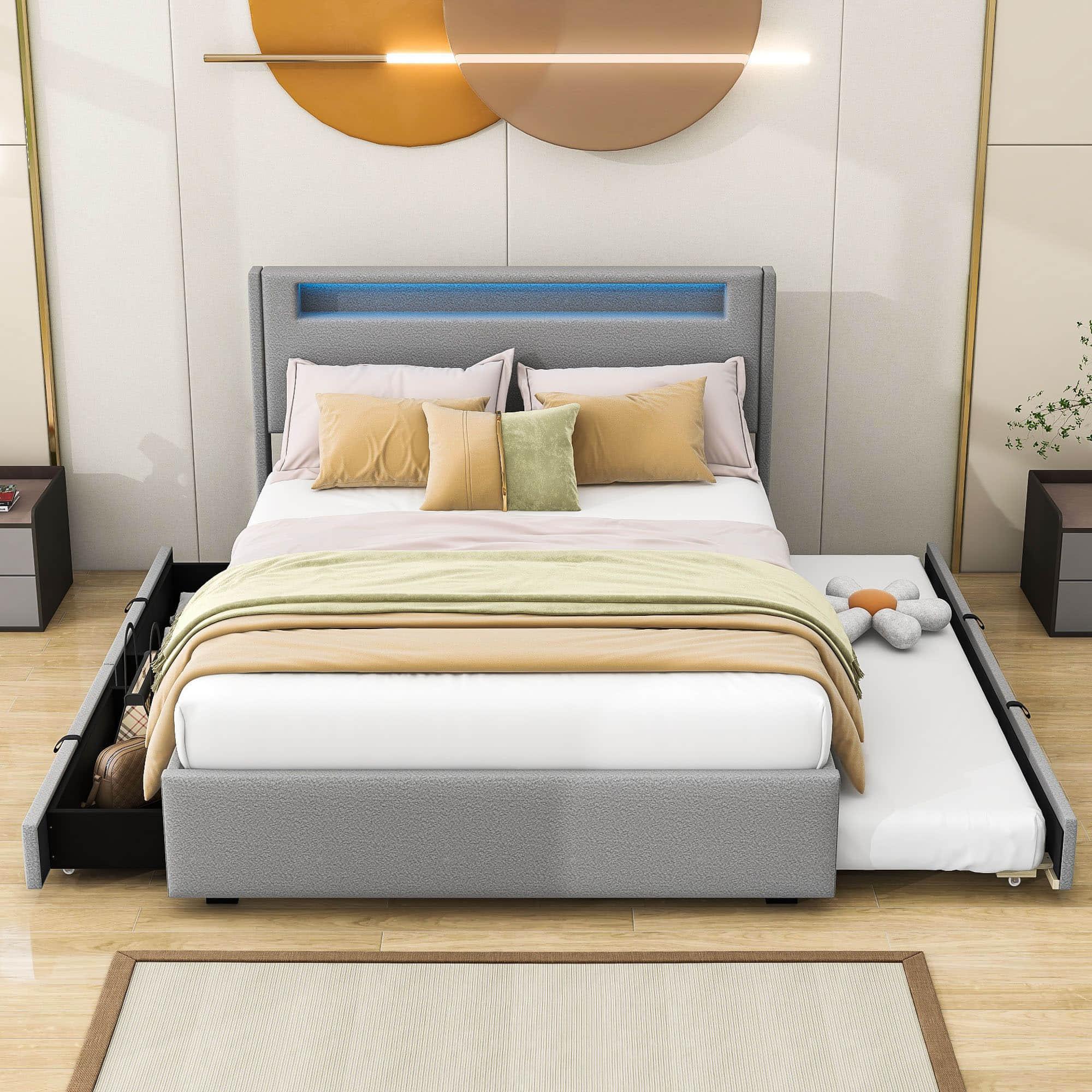 Modern Queen Upholstered Platform Bed with LED Frame and Twin XL Trundle