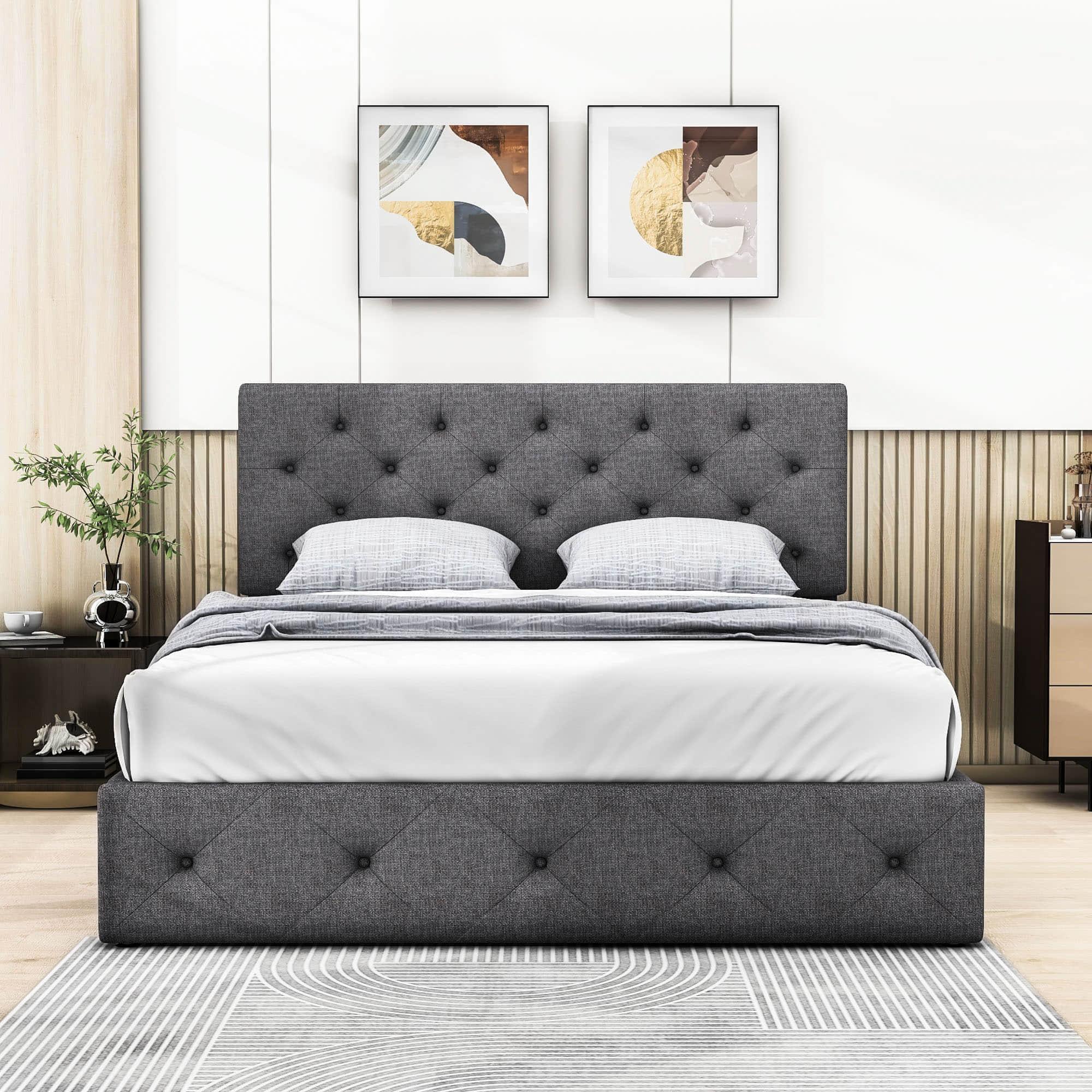 Queen Linen Upholstered Platform Bed Frame with Headboard and Storage