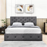 Queen Linen Upholstered Platform Bed Frame with Headboard and Storage