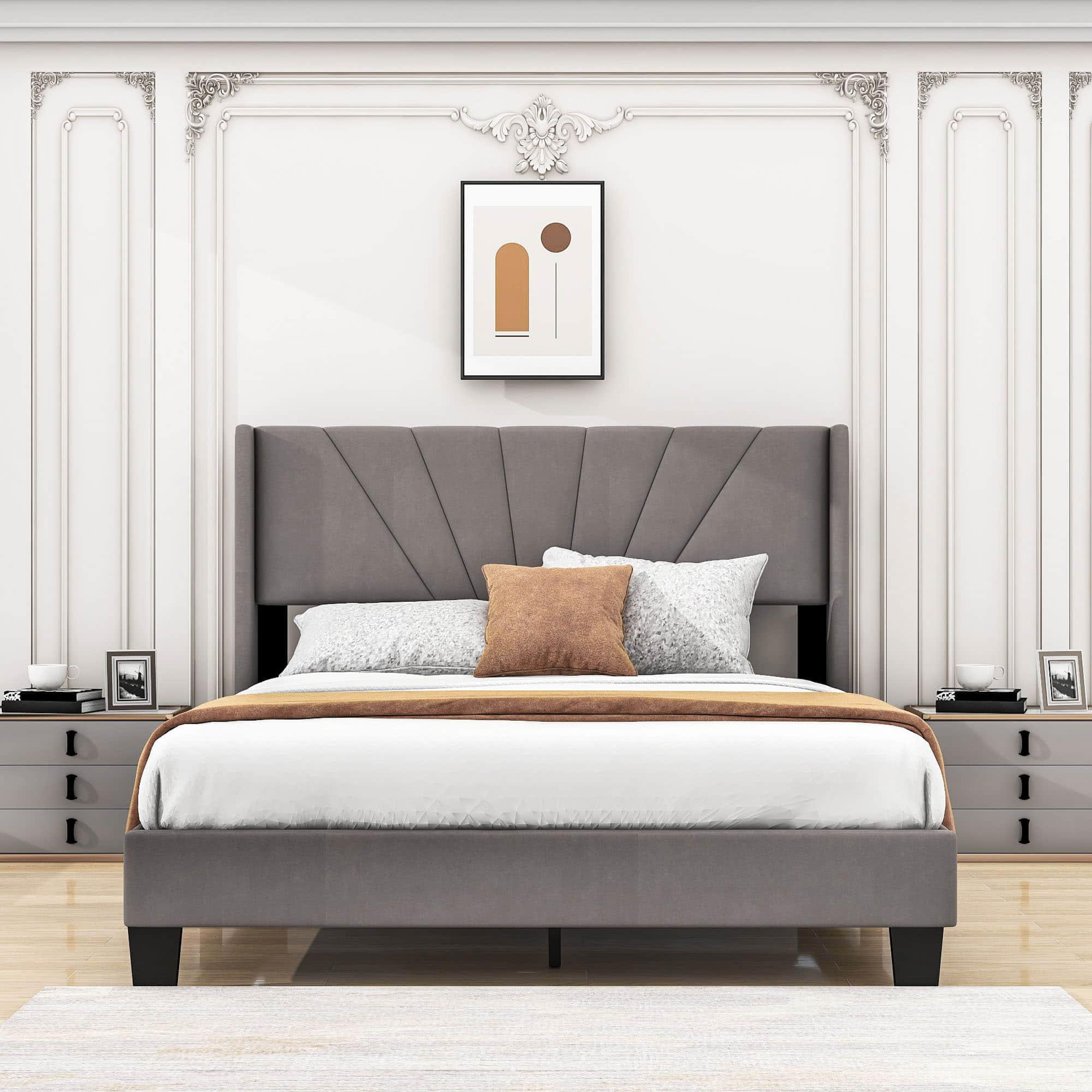 Queen Size Velvet Upholstered Platform Bed Frame with Headboard