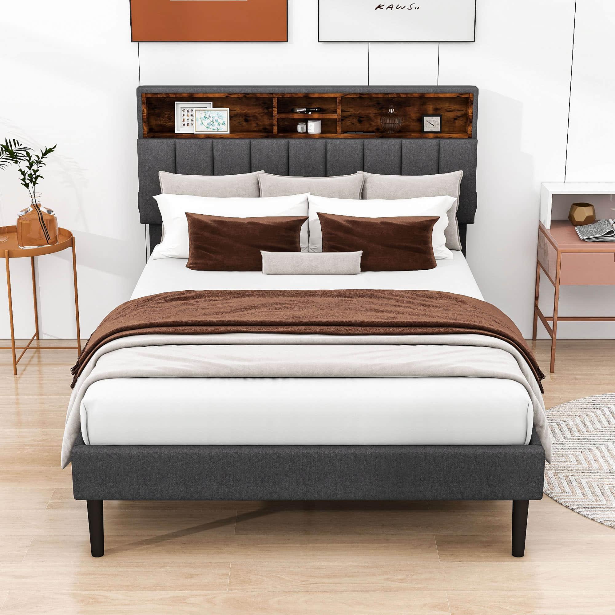 Mid-Century Modern Full Size Upholstered Platform Bed Frame with Storage