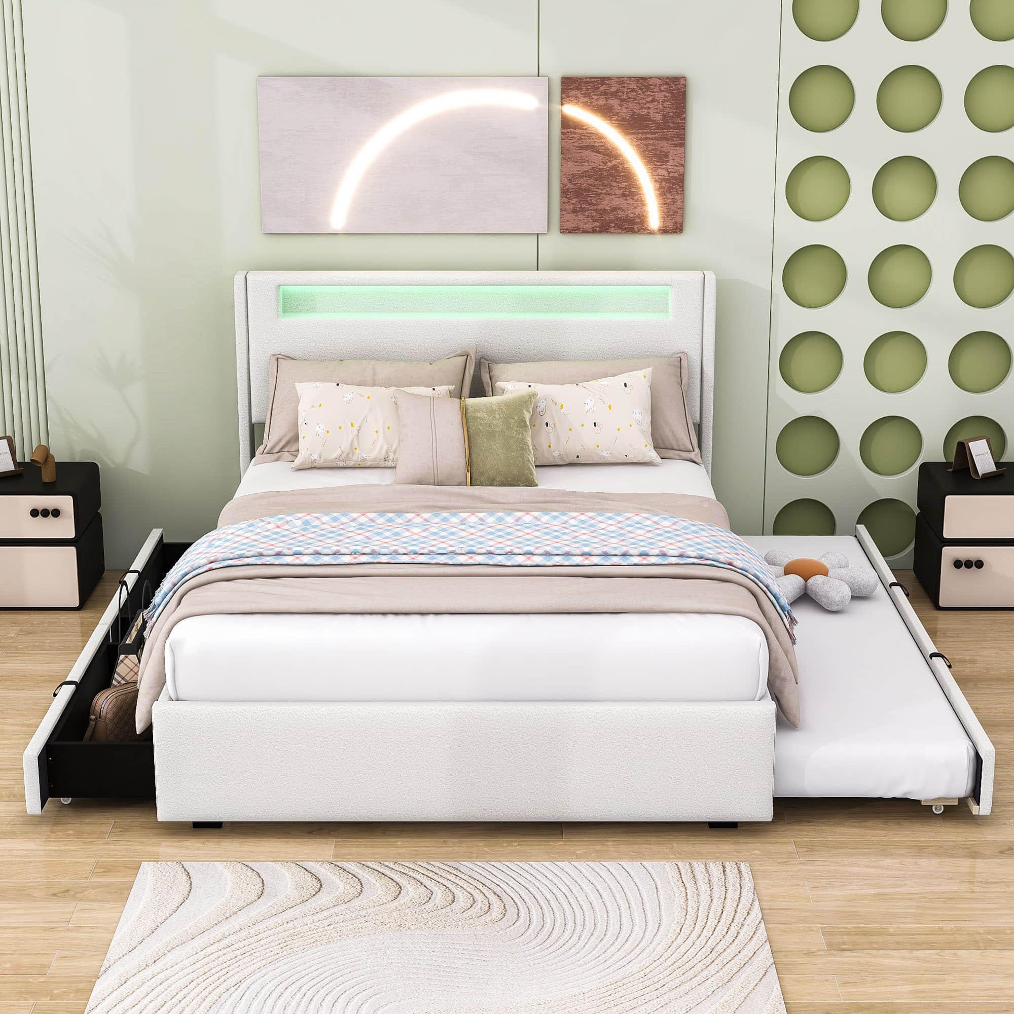 Modern Queen Upholstered Platform Bed with LED Frame and Twin XL Trundle