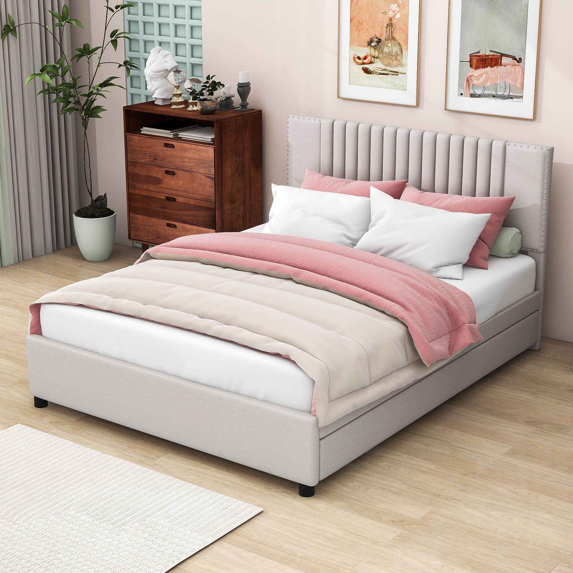 Upholstered Platform Queen Size Bed Frame with Storage and Twin XL Trundle - [Drawers, Headboard]