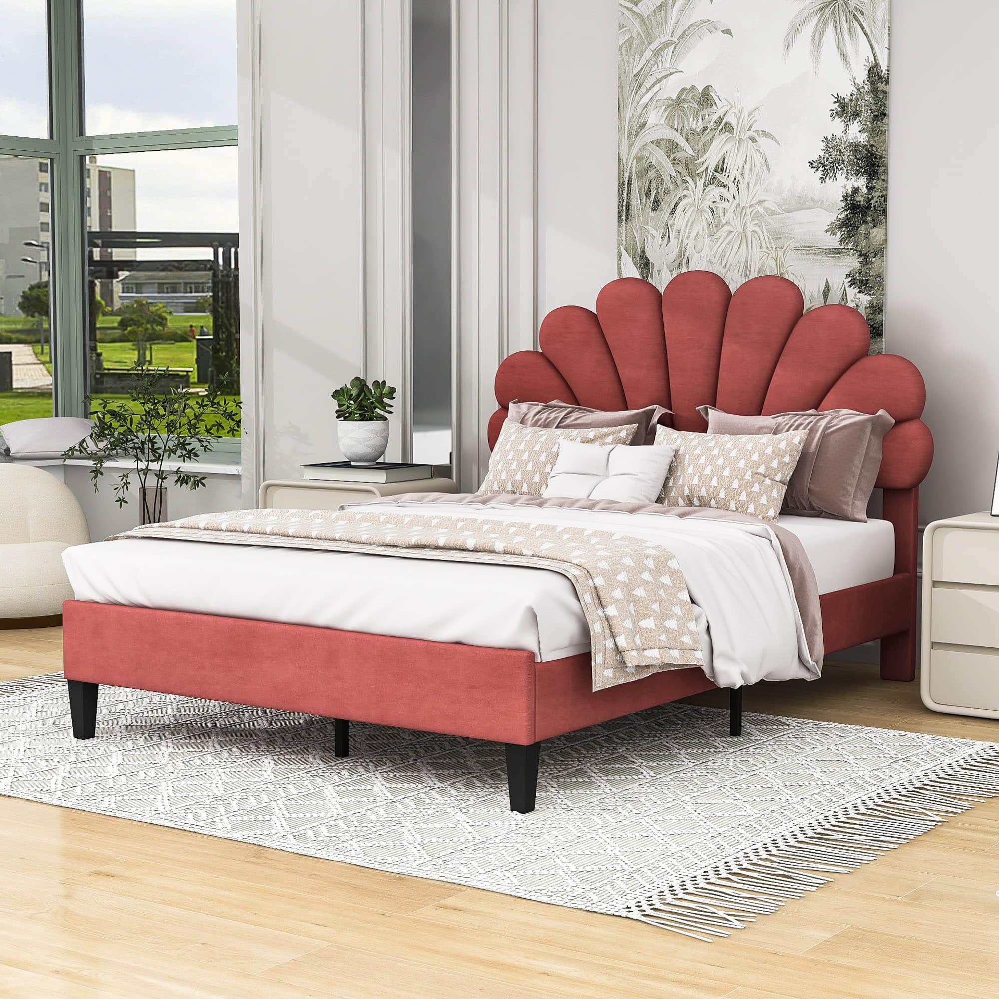 Modern Full Size Velvet Upholstered Platform Bed Frame with Headboard