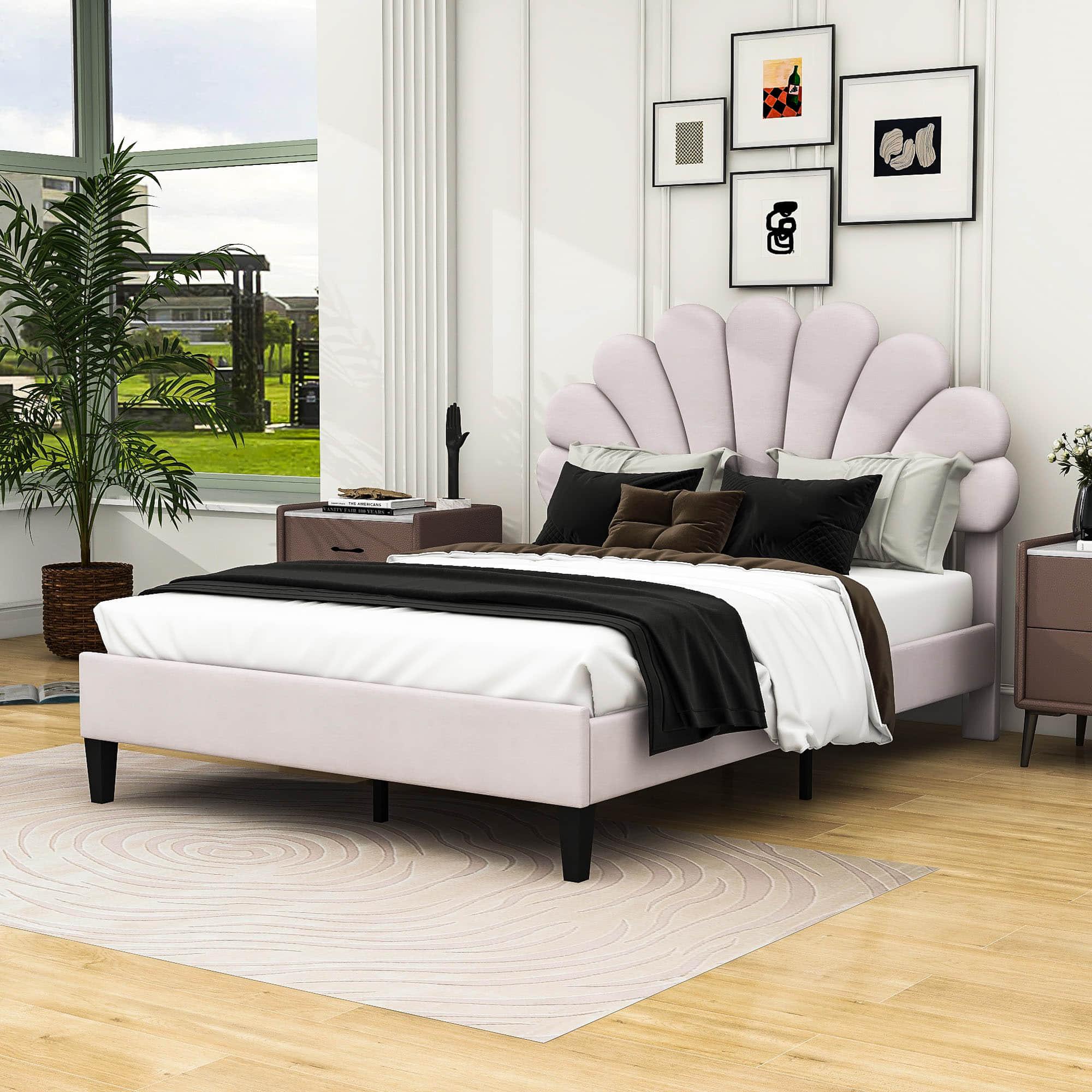 Modern Full Size Velvet Upholstered Platform Bed Frame with Headboard