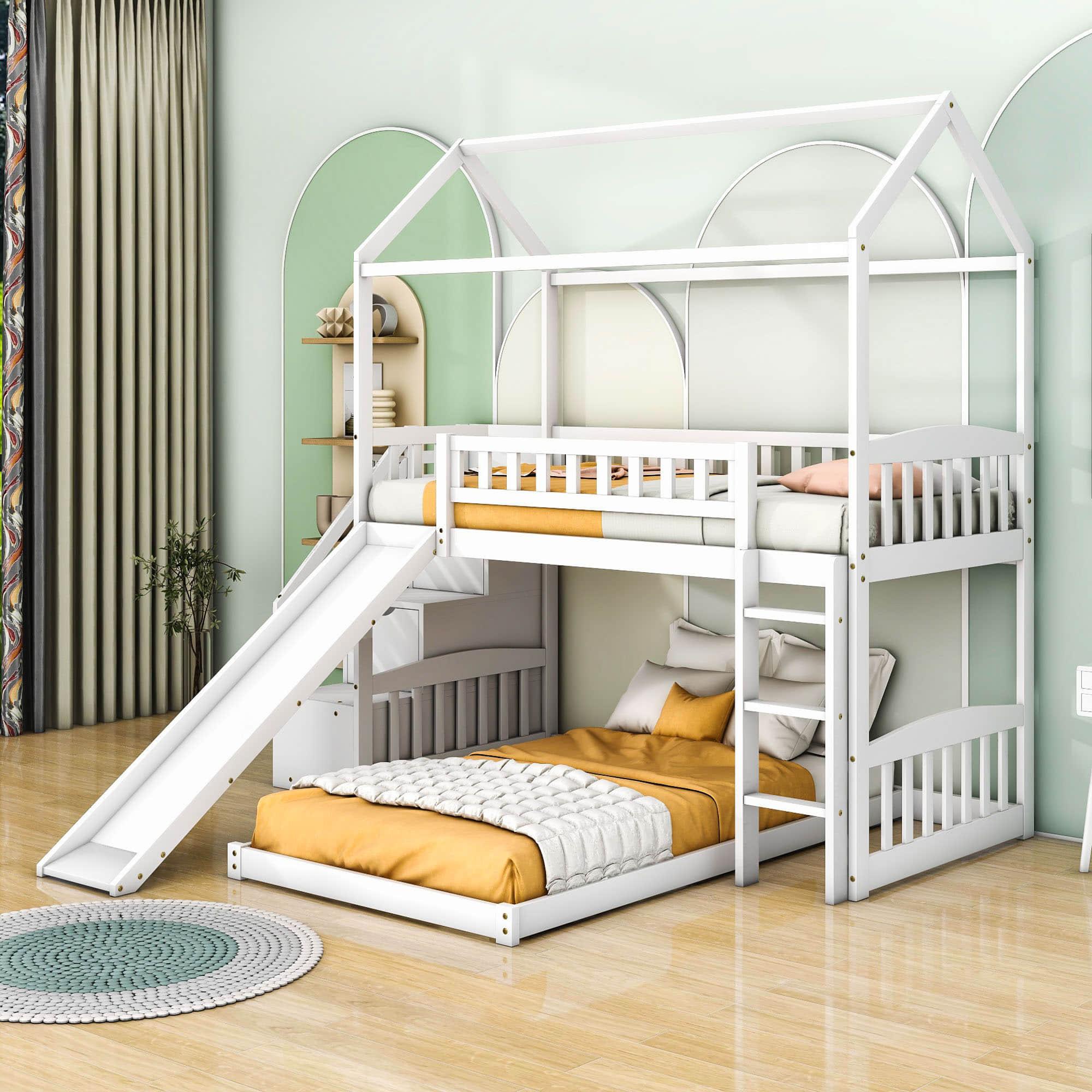 Floor Twin Bunk Beds for Toddlers Kids with Stairs and Slide - [Wood]