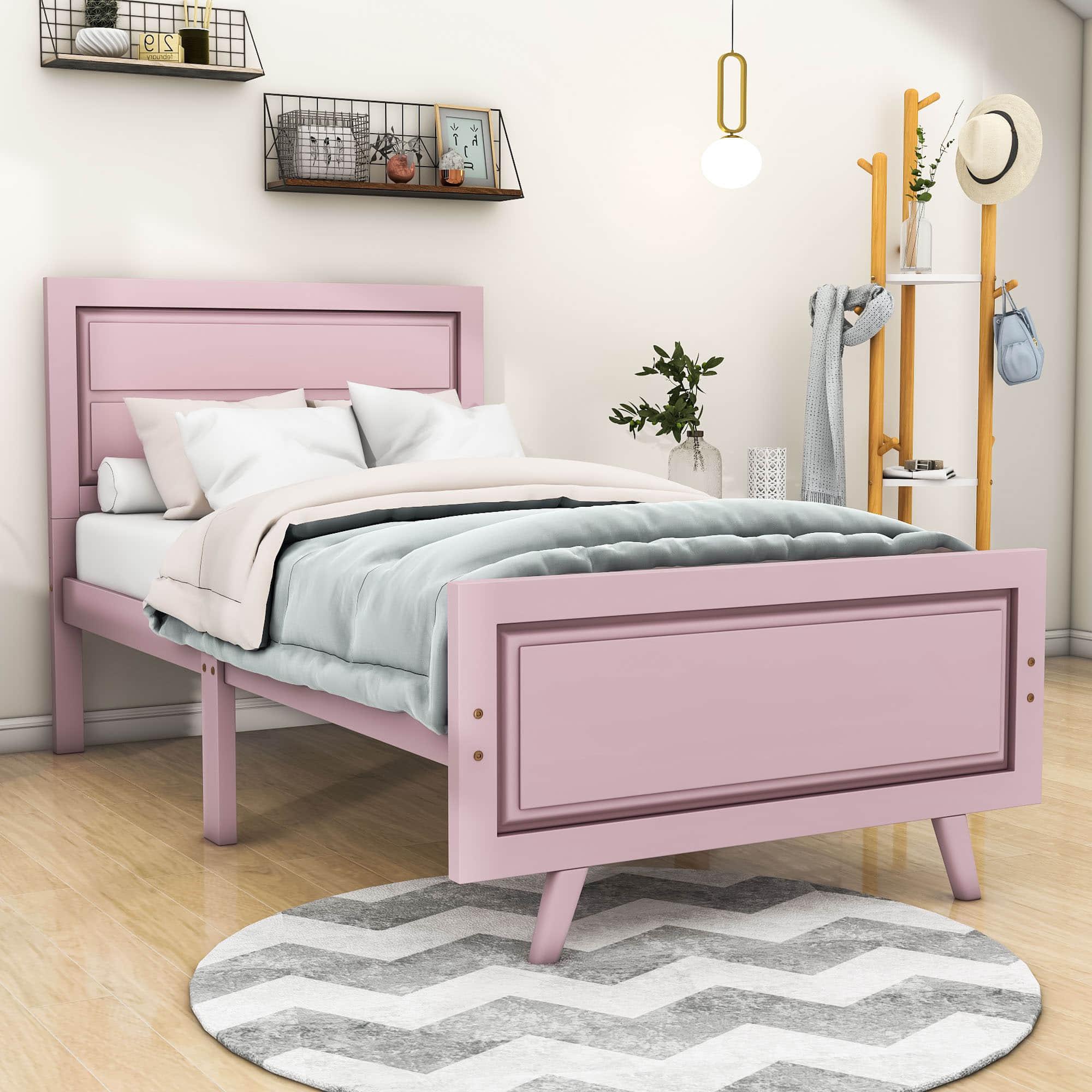 Wood Twin Platform Girls Bed Frame with Headboard and Footboard