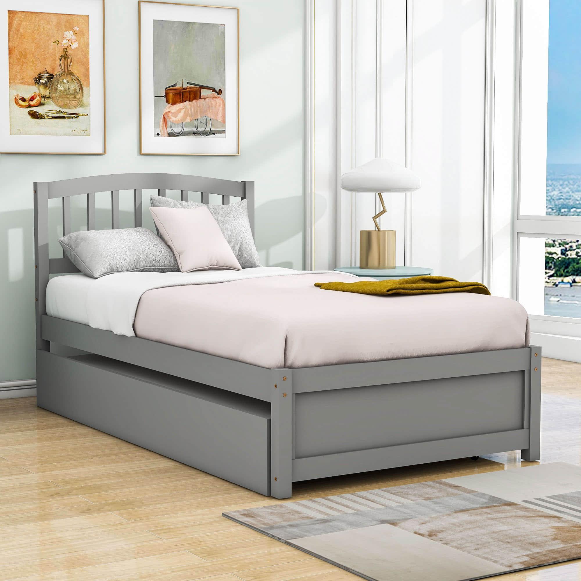 Wooden Twin Platform Bed with Trundle and Headboard