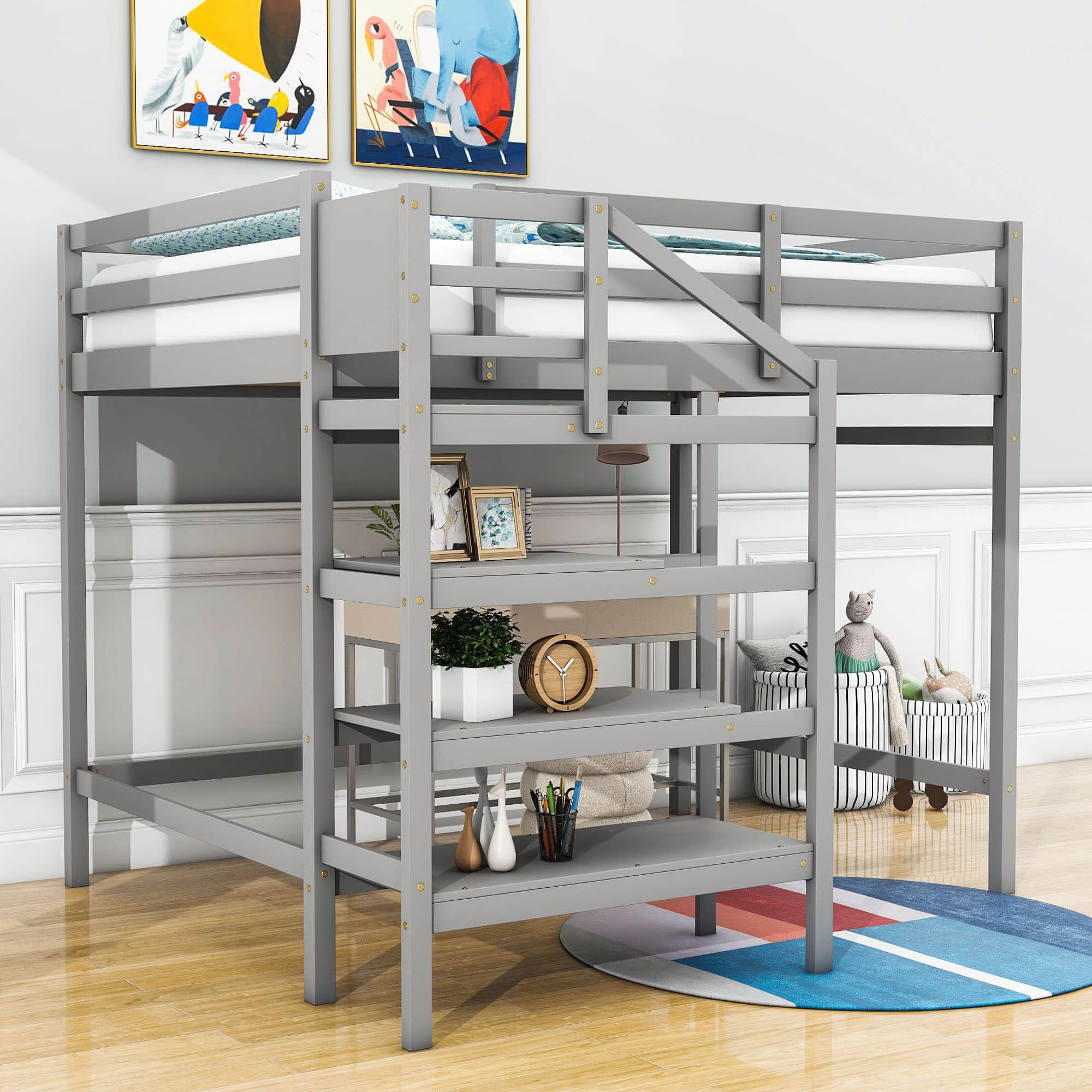 Full Size Loft Bed with Stairs and Clothes Hanger for Adults, Teens