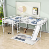 L-Shaped Low Double Twin Loft Bed with Slide for Kids - [Wood]