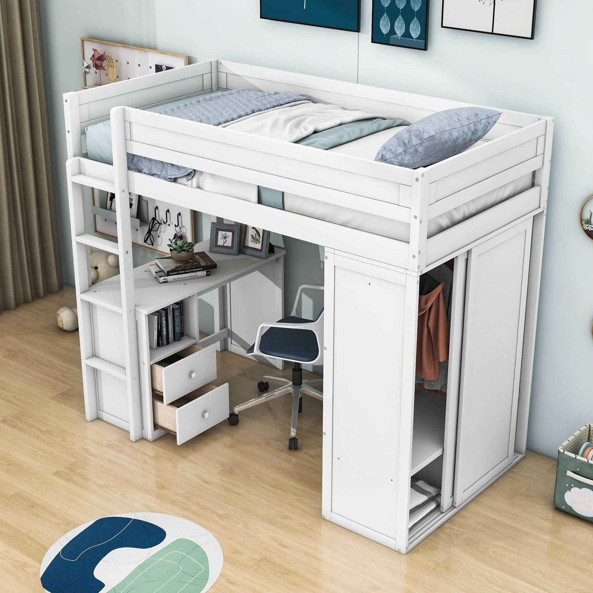 Twin Loft Bed with Desk and Storage Drawers, Wardrobe - [Wood, Cabinet]