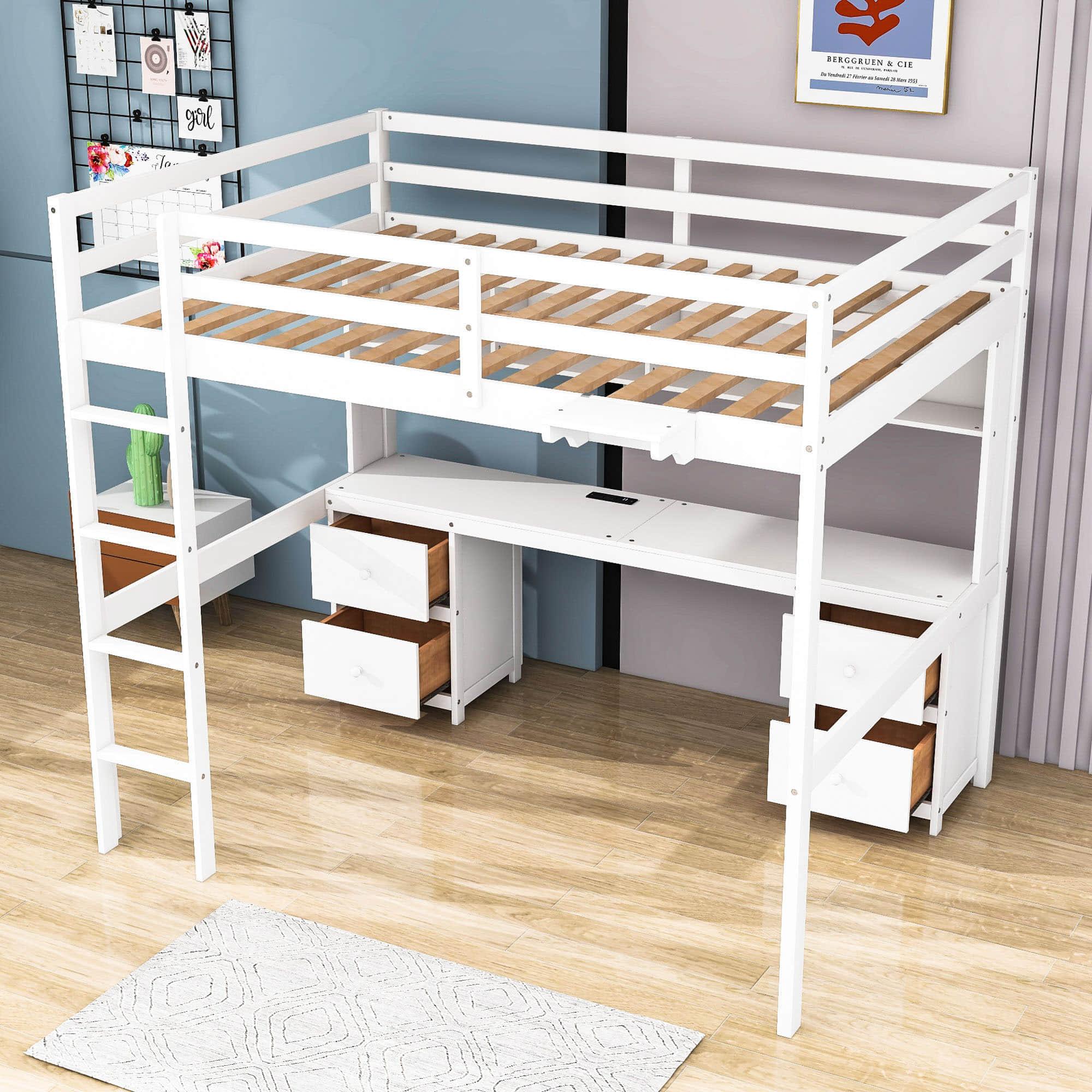 Modern Smart Full Size Loft Bed with Desk and Storage for Adults, Kids