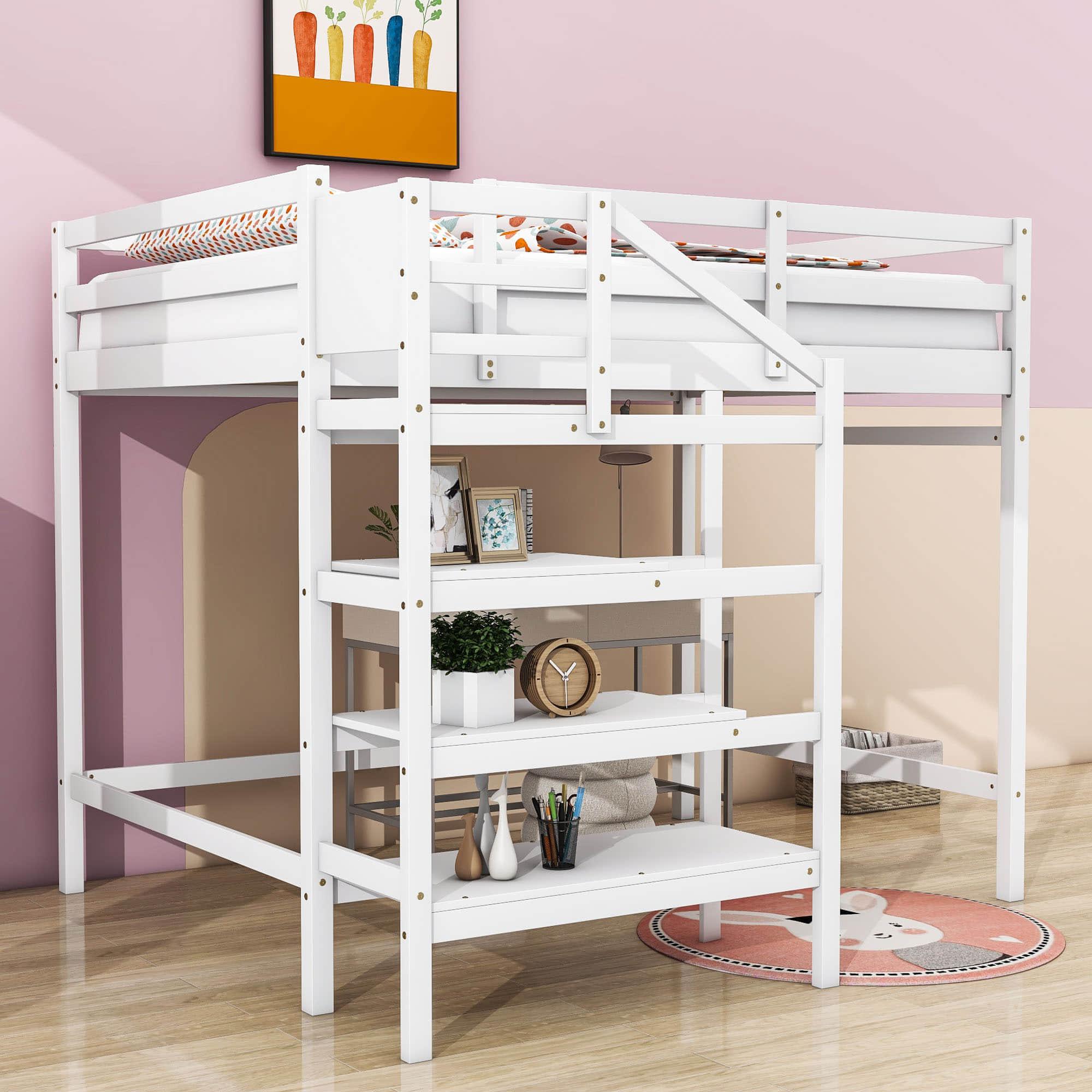 Full Size Loft Bed with Stairs and Clothes Hanger for Adults, Teens