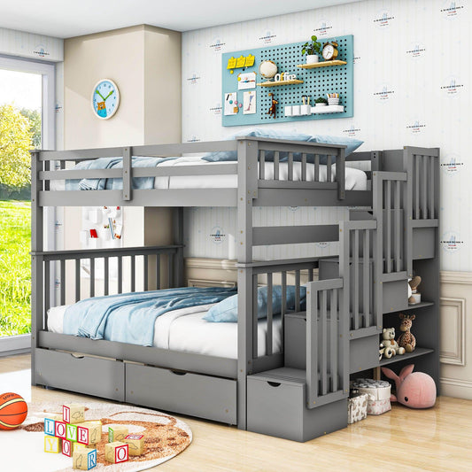 Wooden Convertible Full Over Full Bunk Beds with Stairs and Storage