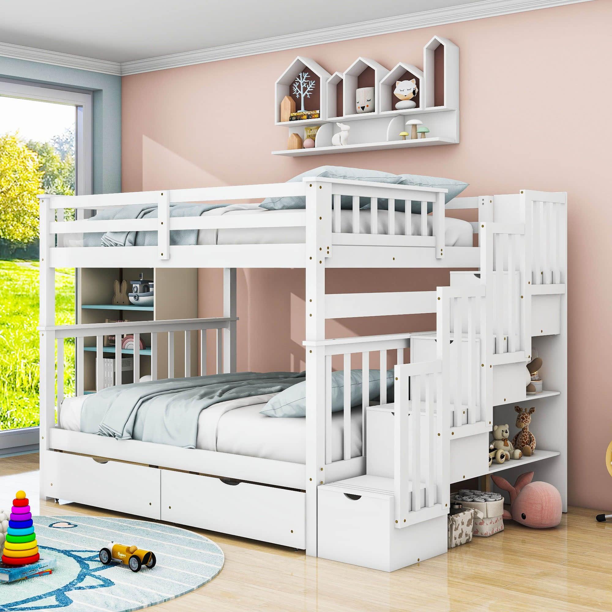 Wooden Convertible Full Over Full Bunk Beds with Stairs and Storage