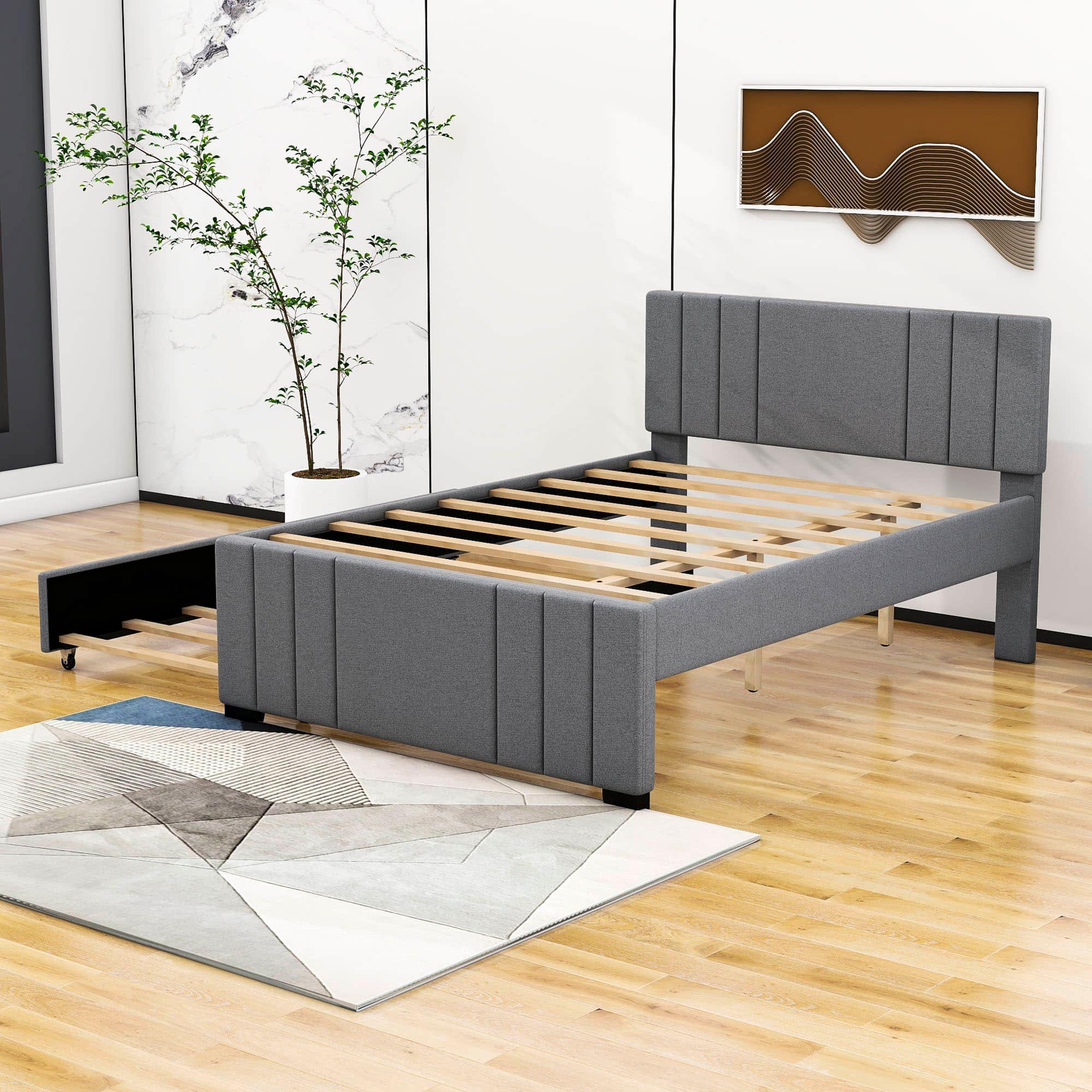 Full Size Upholstered Platform Bed with Trundle and Headboard