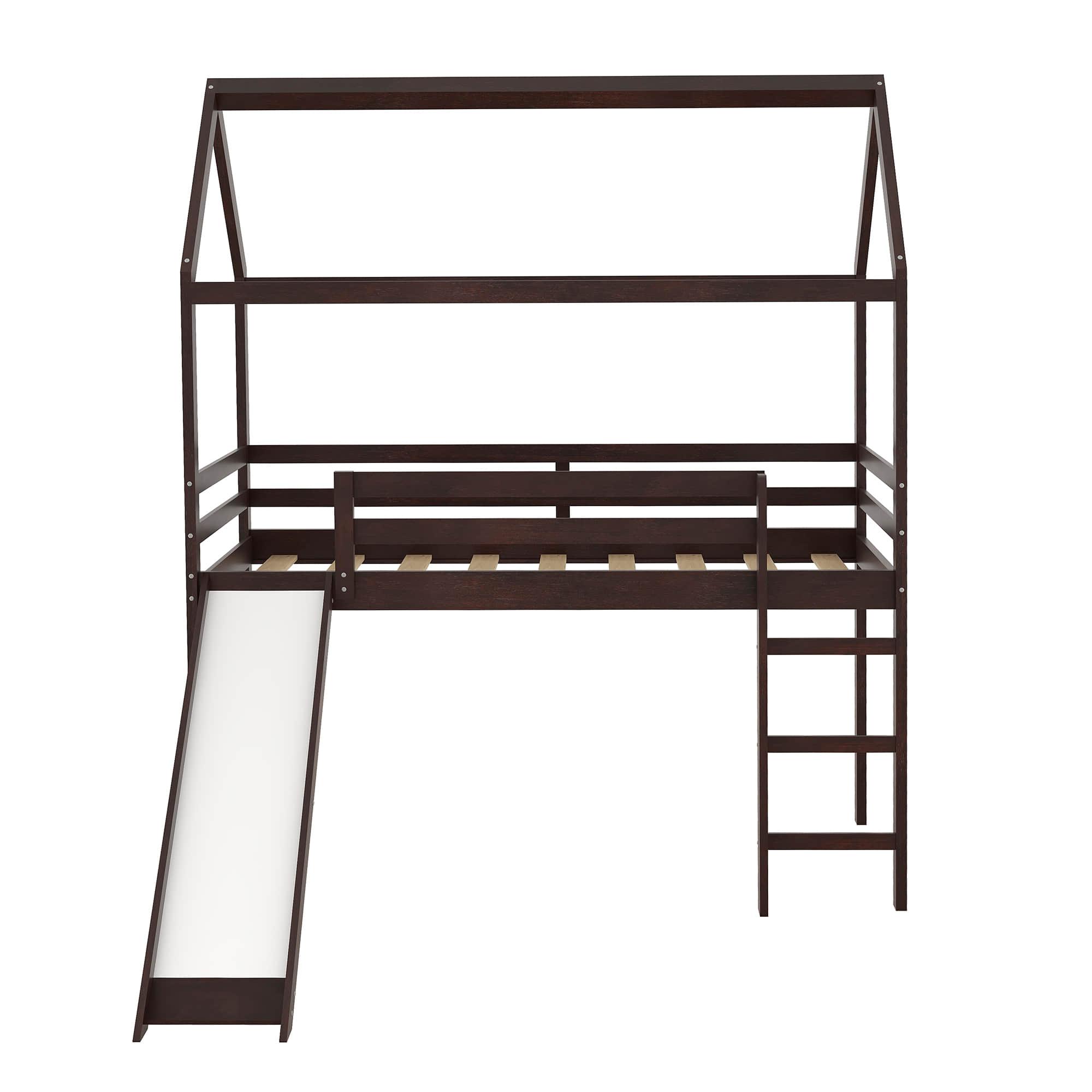 Wood Twin Medium House Loft Bed with Slide and Ladder