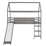 Wood Twin Medium House Loft Bed with Slide and Ladder