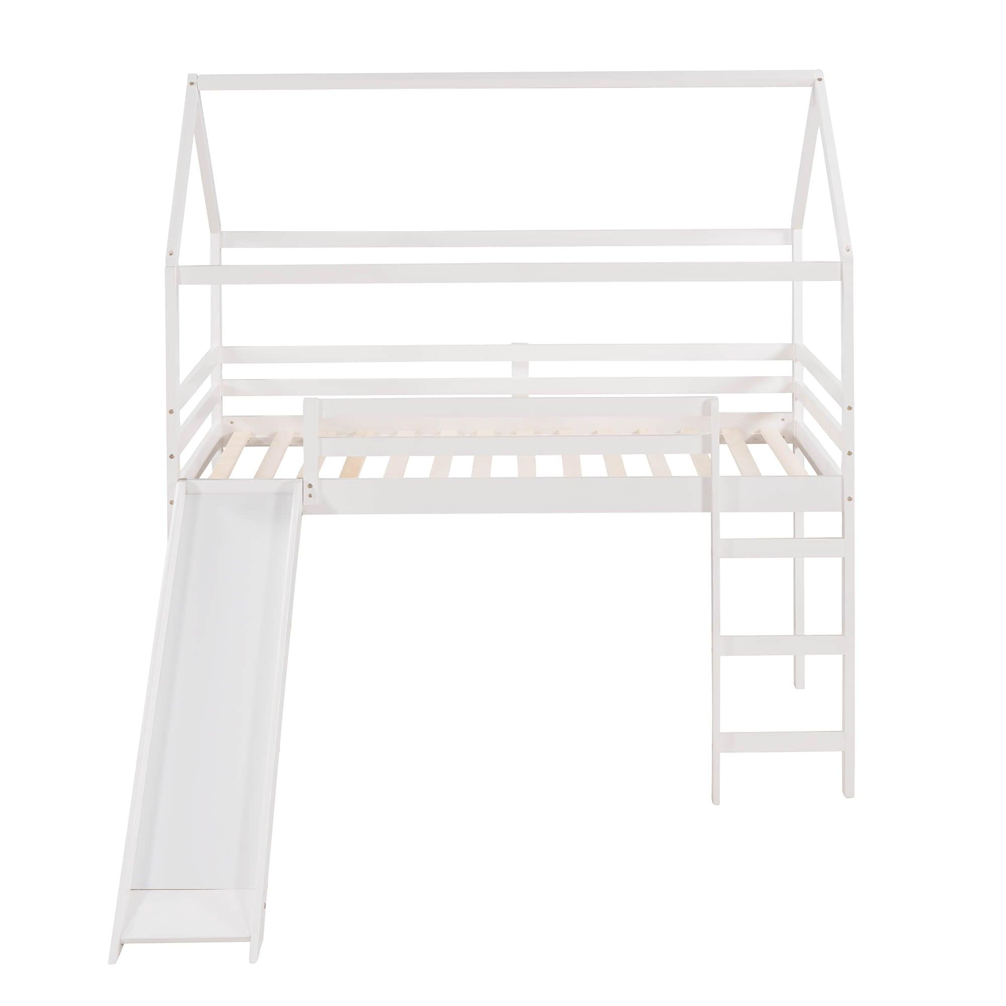 Wood Twin Medium House Loft Bed with Slide and Ladder