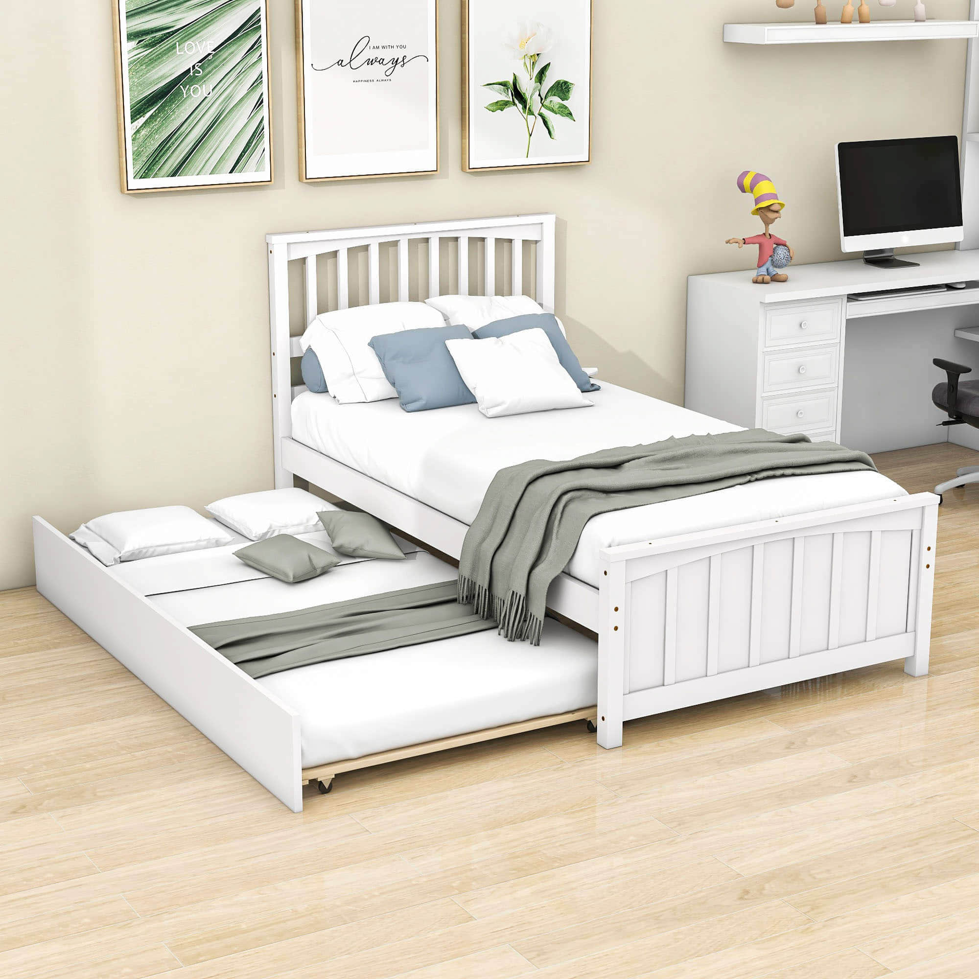 Twin Size Wood Platform Bed with Twin Trundle and Headboard