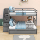 Wood Twin Over Twin / Full Bunk Bed with Trundle and Storage - [Shelves, Drawers, Stairs]