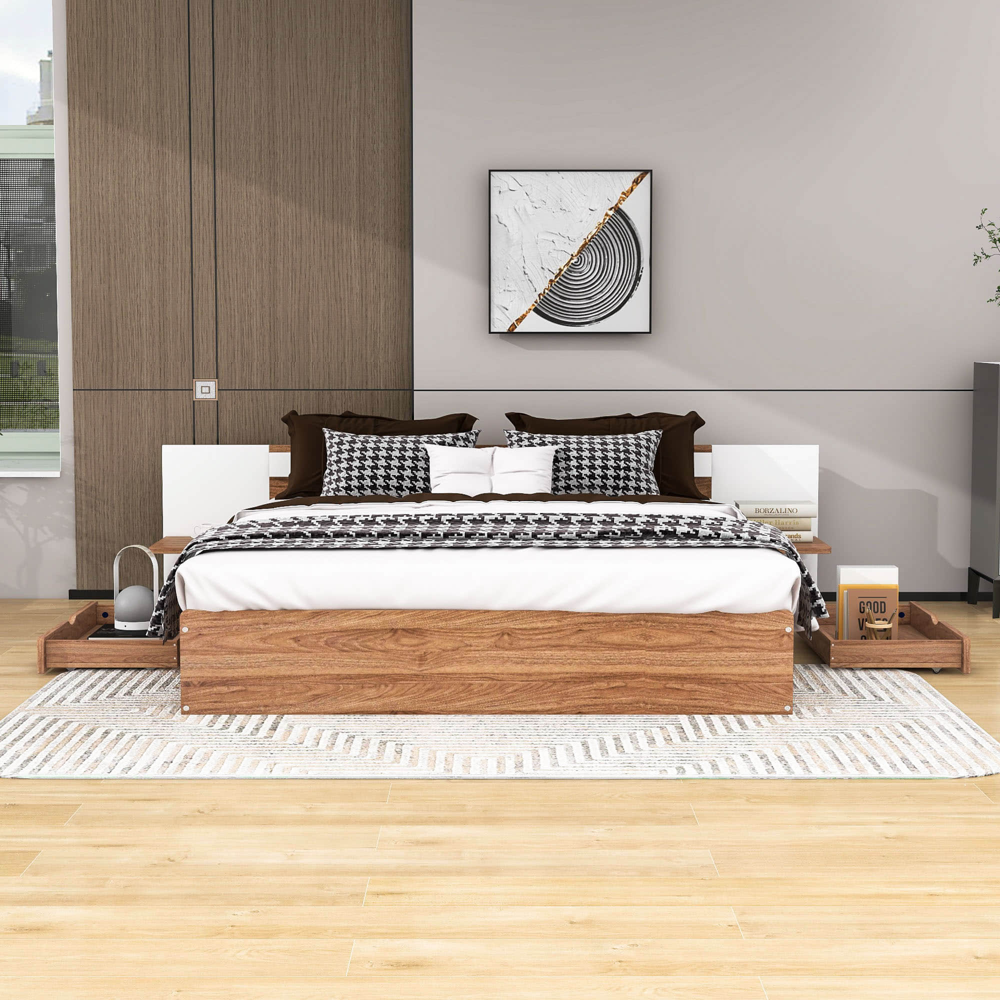 Wooden Queen Bed Frame with Headboard and Storage Drawers