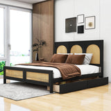 Queen Size Wood Platform Bed with Storage and Rattan Headboard