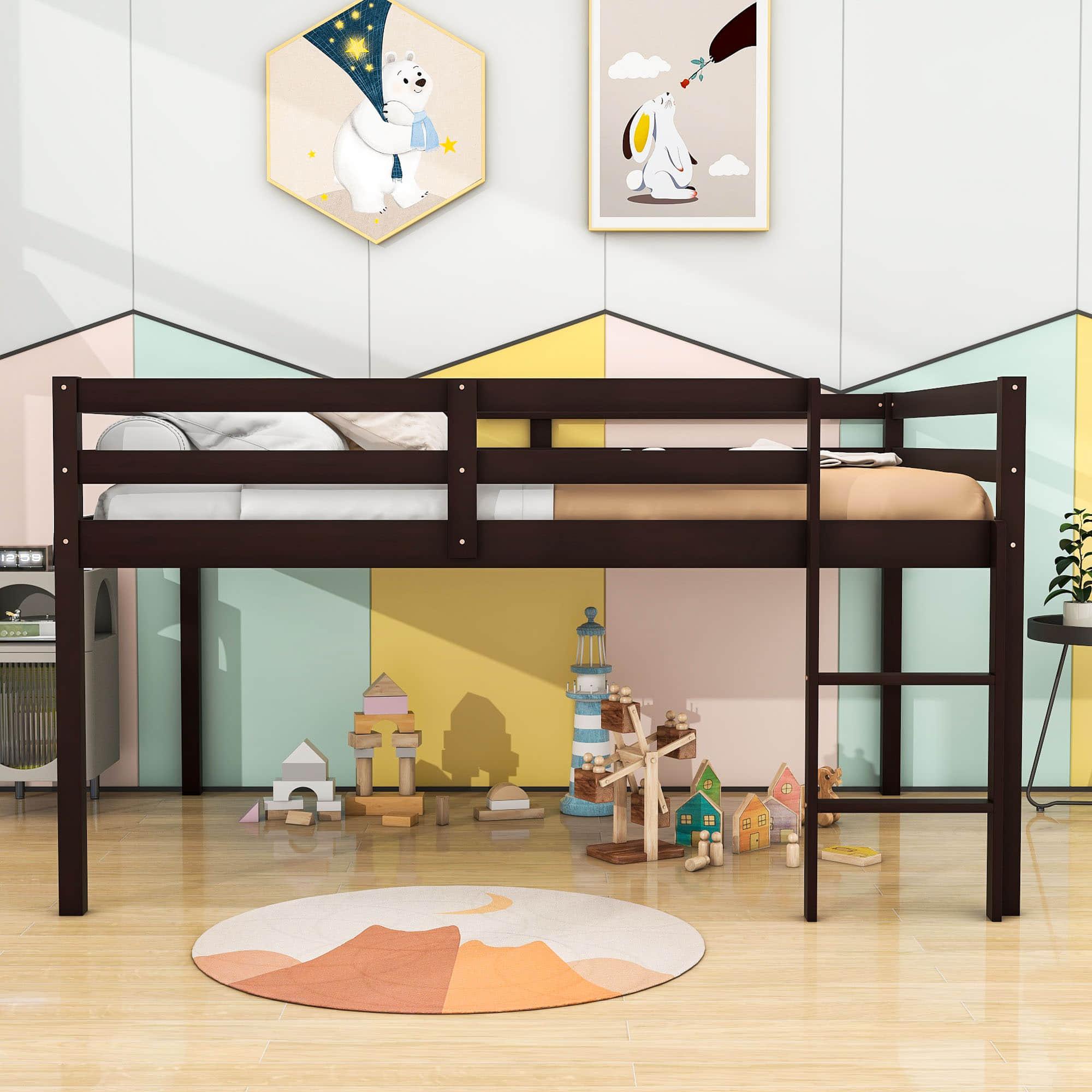 Kids Wooden Full Size Low Loft Bed - [Toddler, Boys, Girls]