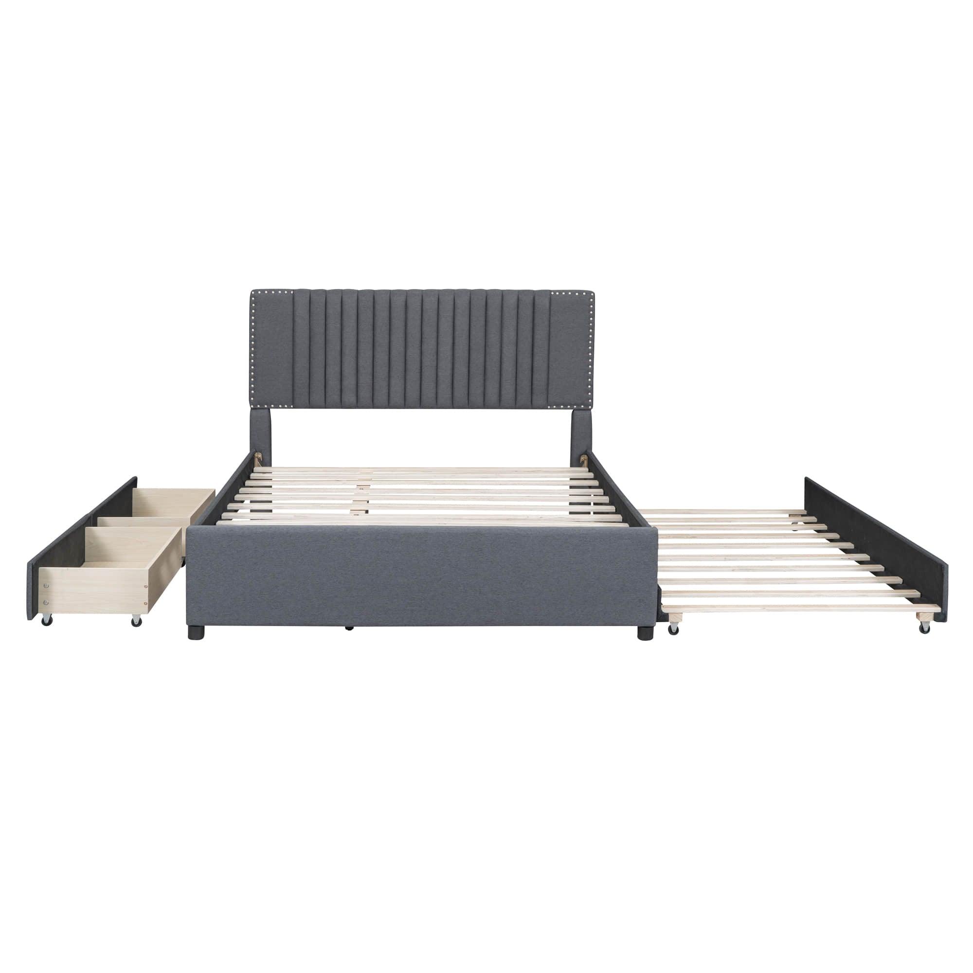 Upholstered Platform Queen Size Bed Frame with Storage and Twin XL Trundle - [Drawers, Headboard]